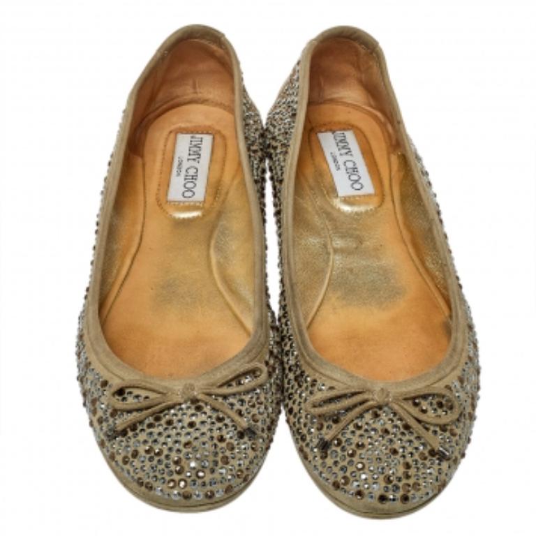 Jimmy Choo Grey Crystal Embellished Suede Weber Ballet Flats Size 38.5 In Fair Condition For Sale In Dubai, Al Qouz 2