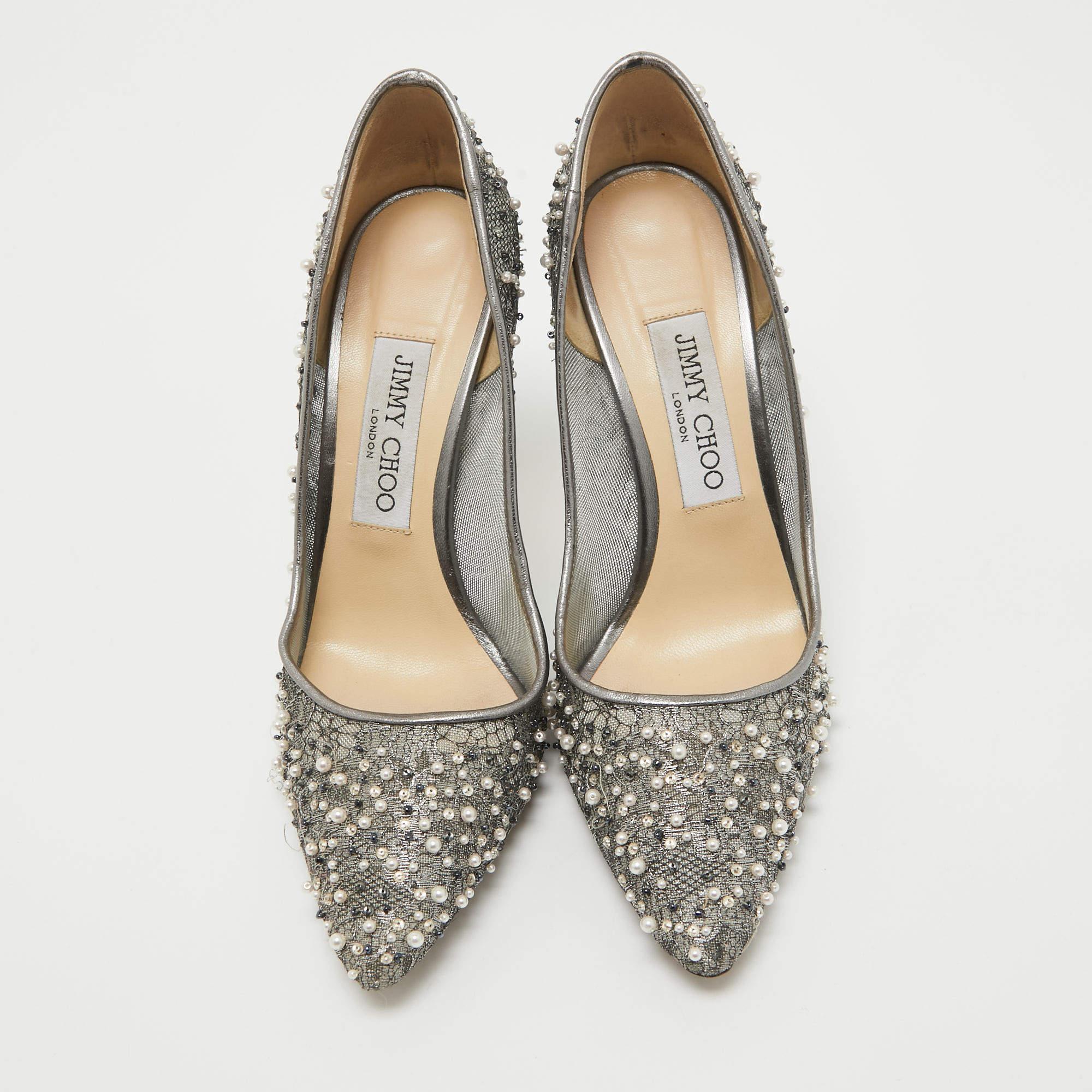 Gray Jimmy Choo Grey Embellished Lace Romy Pumps Size 37
