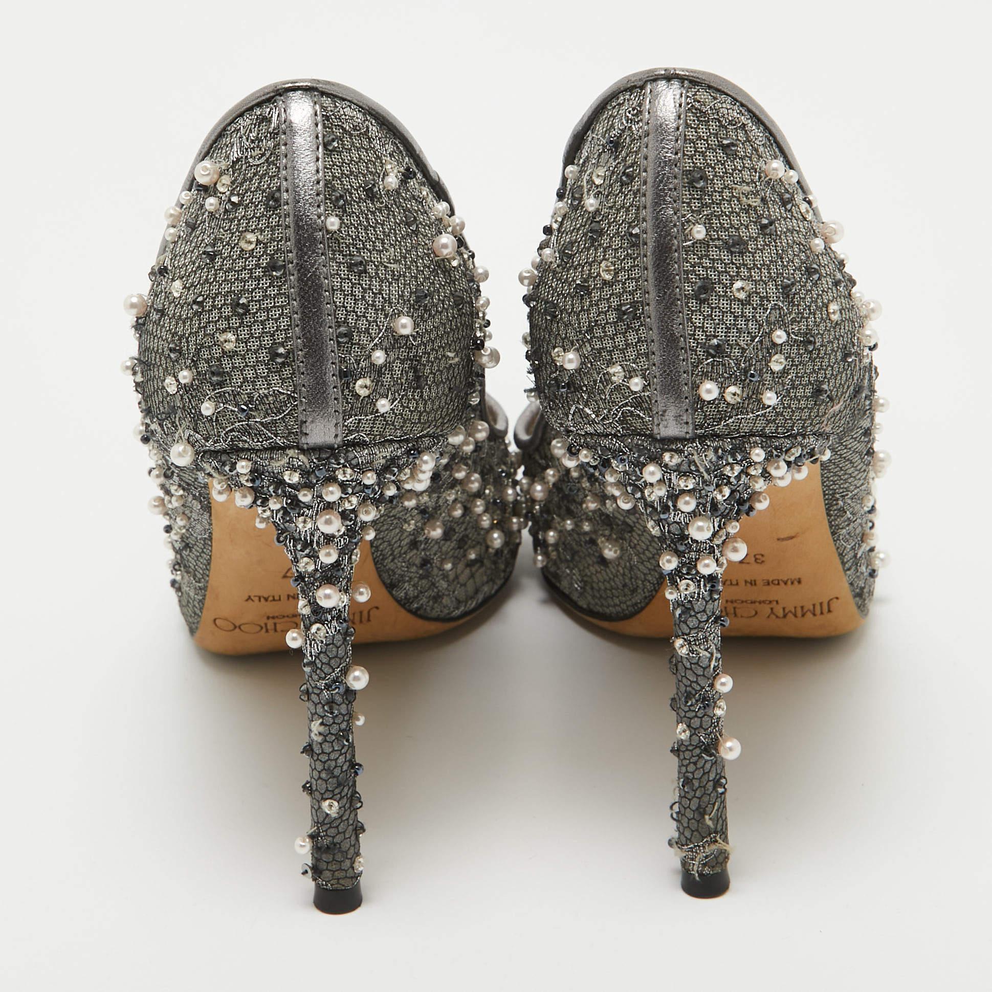 Women's Jimmy Choo Grey Embellished Lace Romy Pumps Size 37