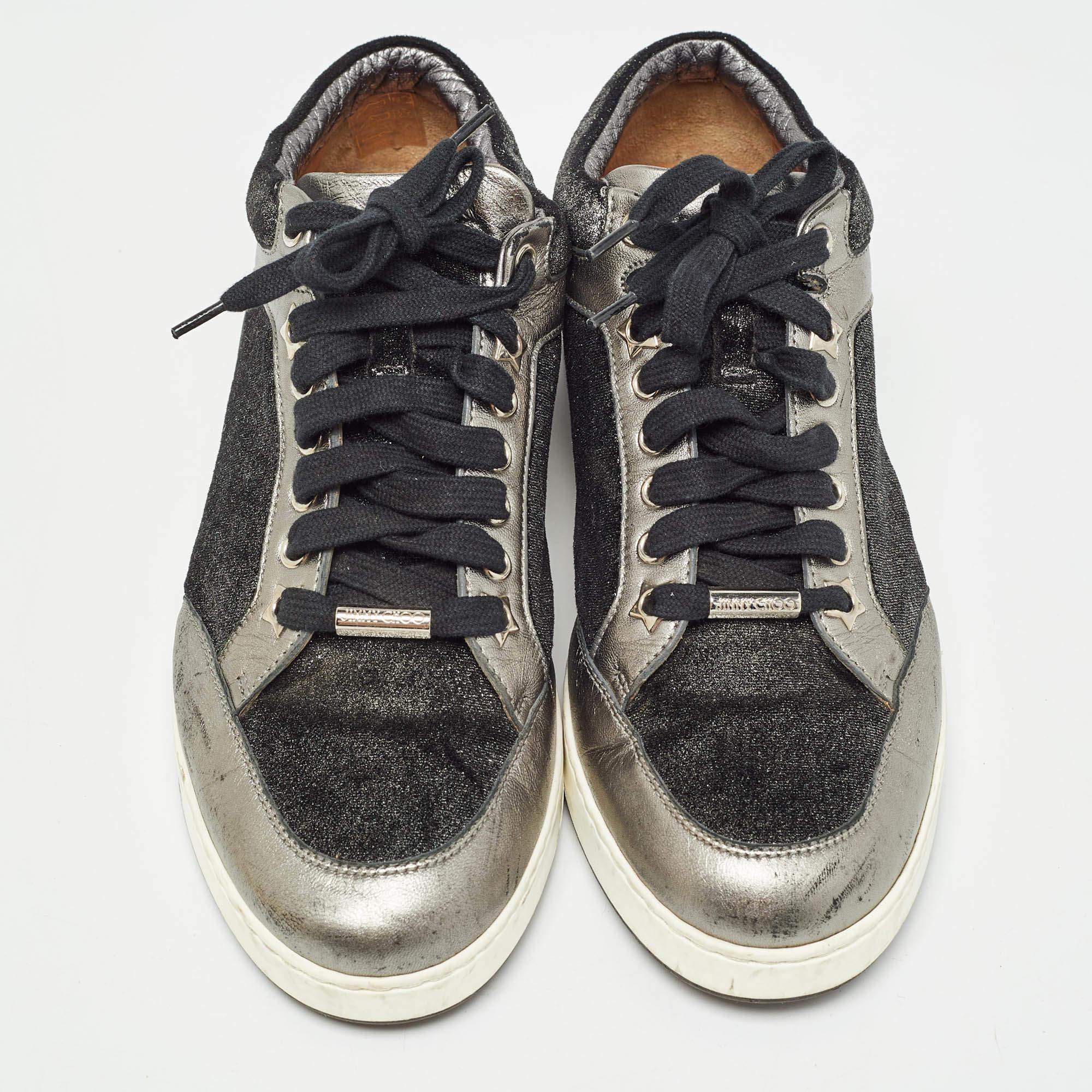 Gray Jimmy Choo Grey Glitter Velvet and Leather Miami Low Top Sneakers Size 38 For Sale