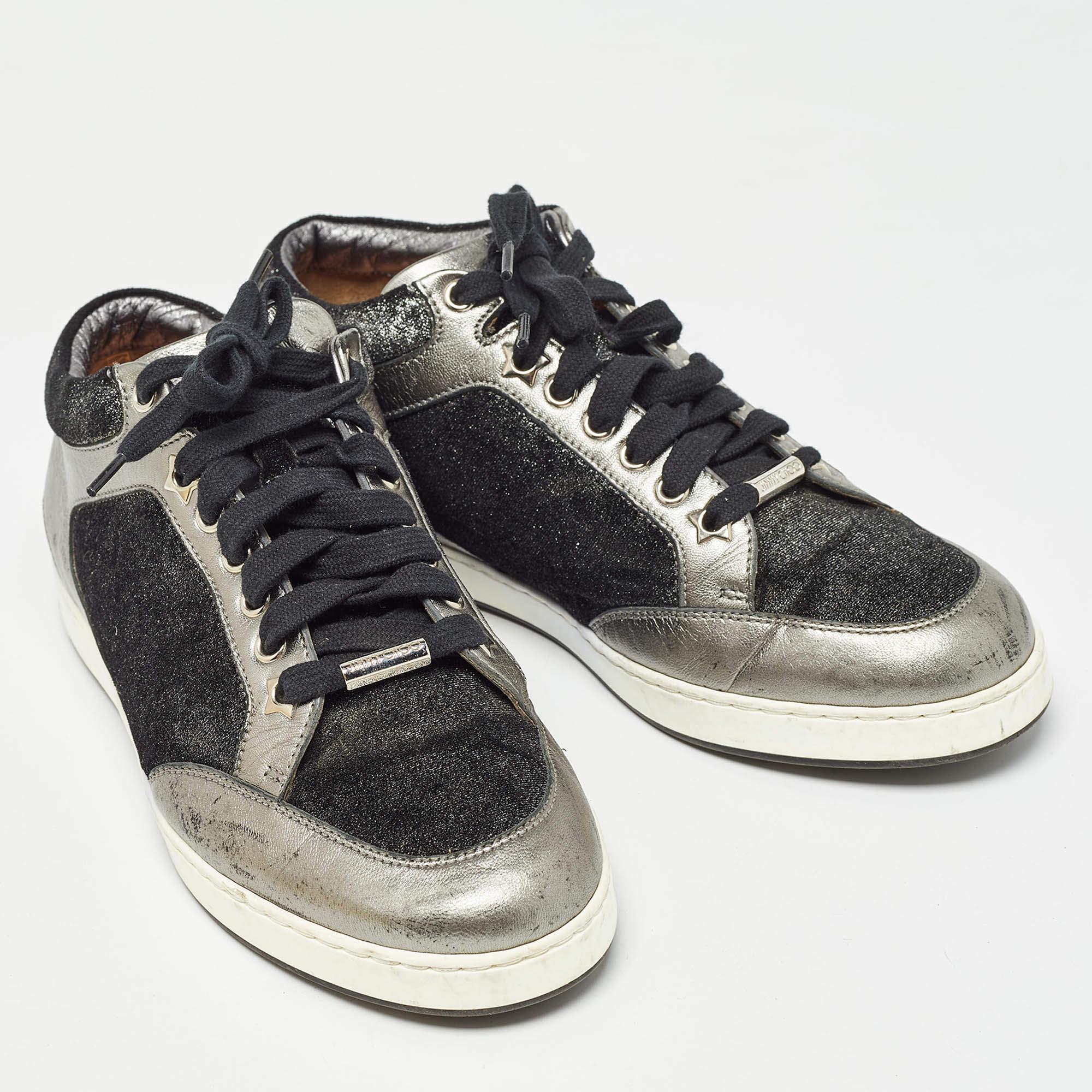 Jimmy Choo Grey Glitter Velvet and Leather Miami Low Top Sneakers Size 38 In Good Condition For Sale In Dubai, Al Qouz 2
