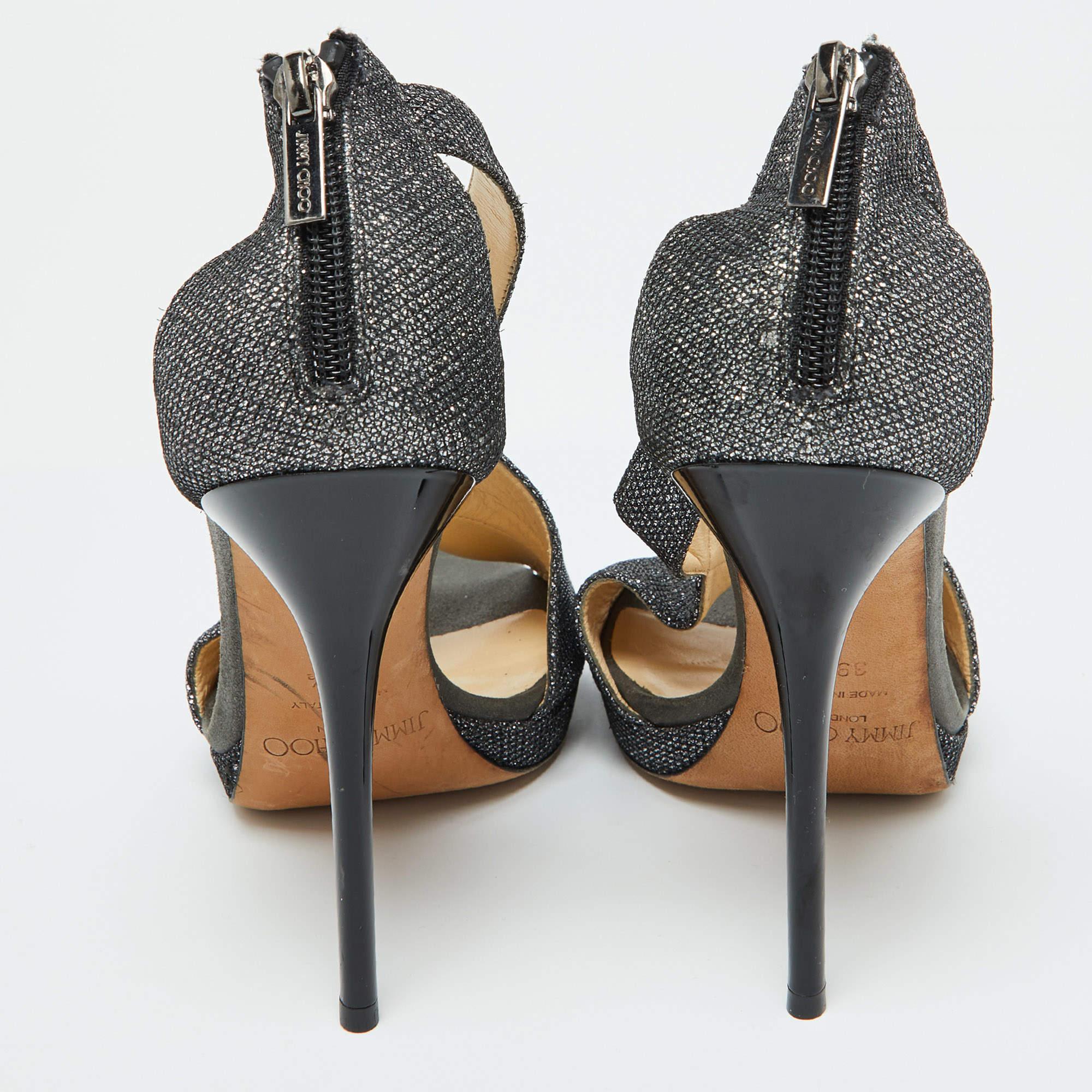 Jimmy Choo - Sandales à bout ouvert en cuir gris et paillettes brutes - Taille 39,5 Pour femmes en vente
