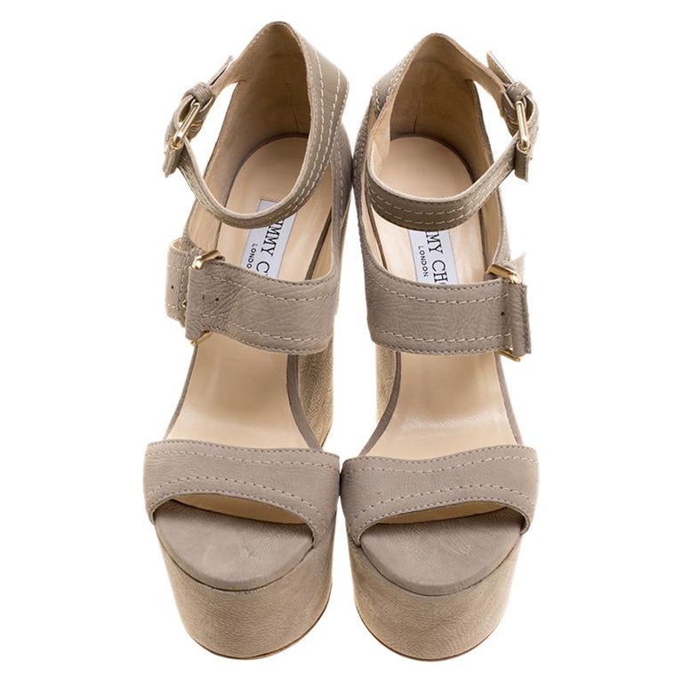 Jimmy Choo Grey Nubuck Leora Platform Wedge Ankle Strap