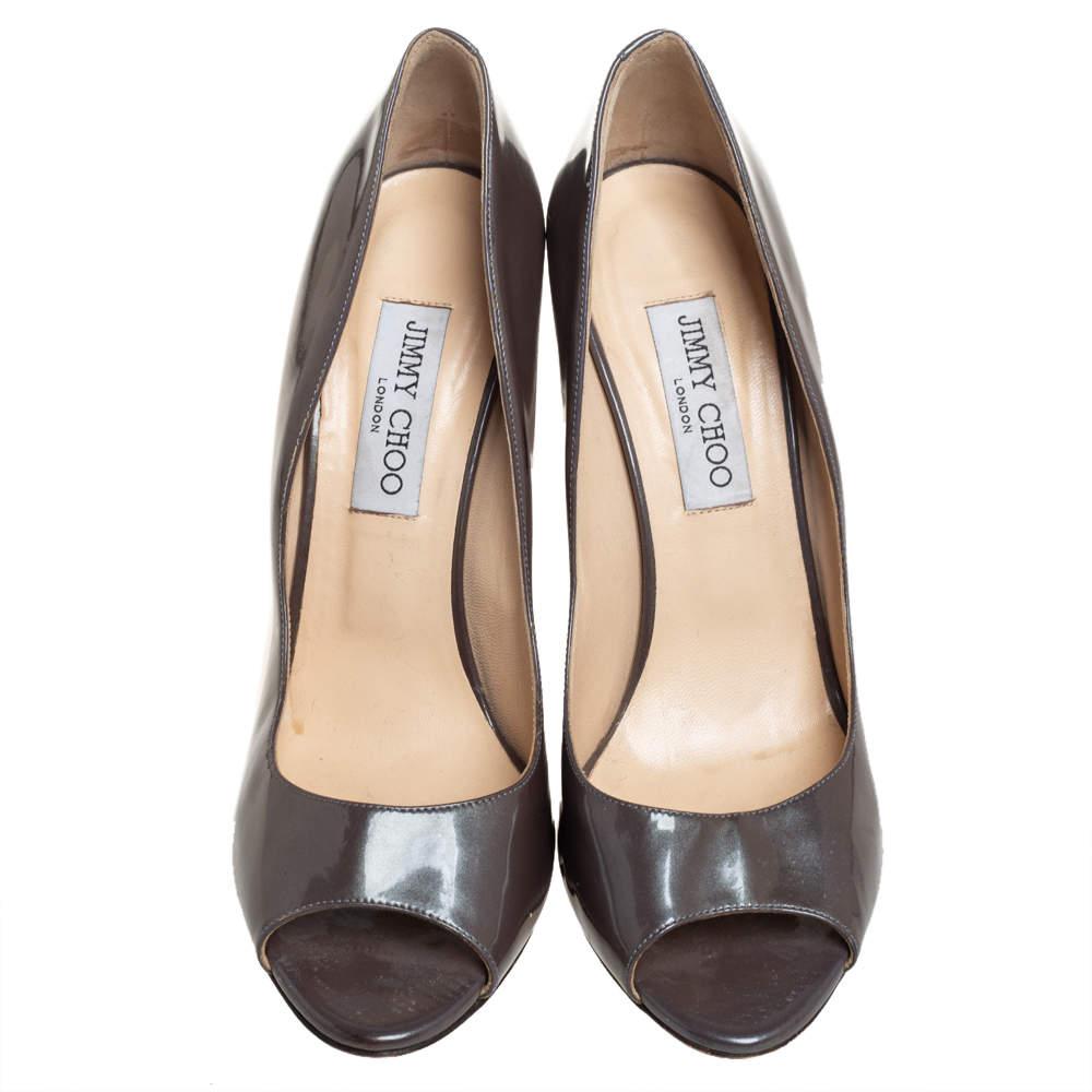 Gray Jimmy Choo Grey Patent Leather Peep Toe Wedge Pumps Size 39.5