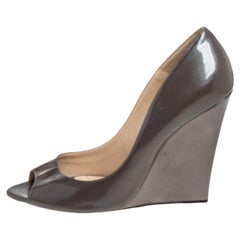 Jimmy Choo Grey Patent Leather Peep Toe Wedge Pumps Size 39.5