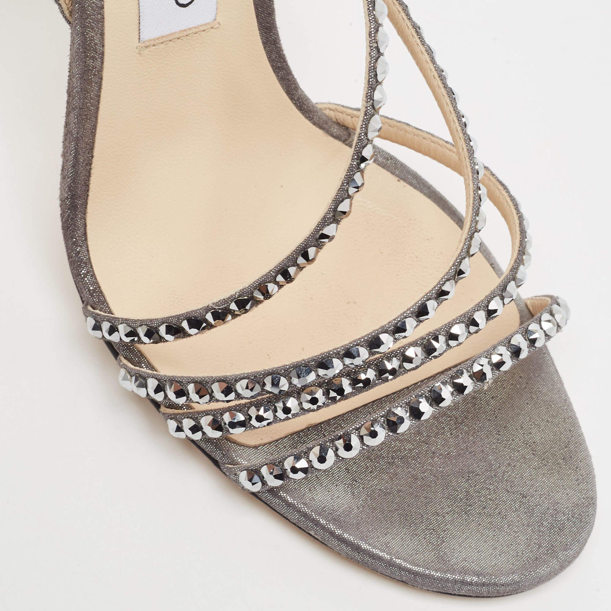 Jimmy Choo Grey Shimmer Suede Embellished Lynn Sandals Size 38 For Sale 2