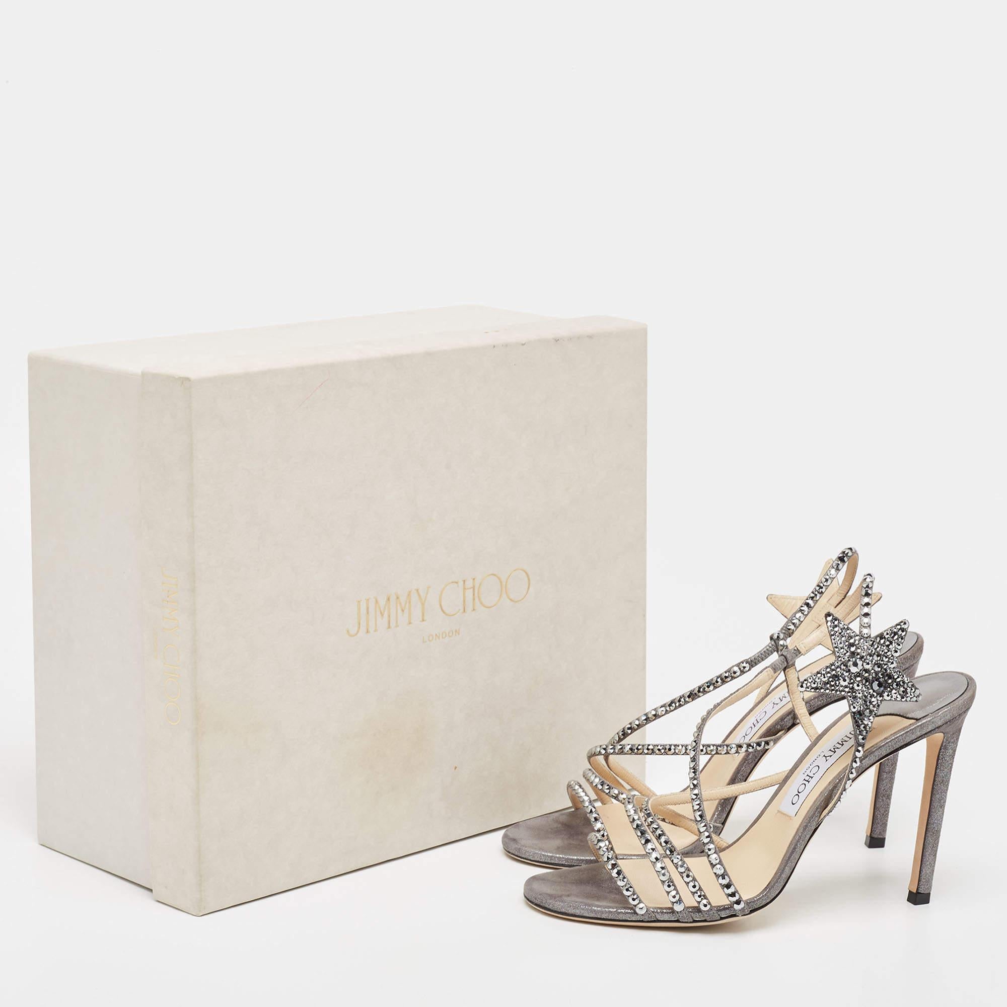 Jimmy Choo Grey Shimmer Suede Embellished Lynn Sandals Size 38 For Sale 5