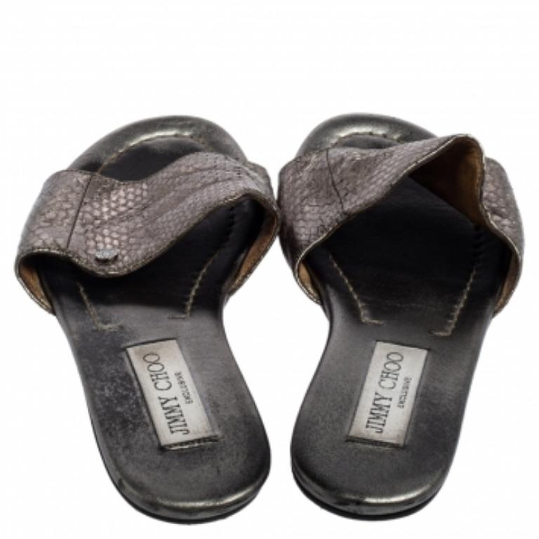 Jimmy Choo Grey Snakeskin Leather Nanda Flat Slide Sandals Size 36 In Fair Condition In Dubai, Al Qouz 2