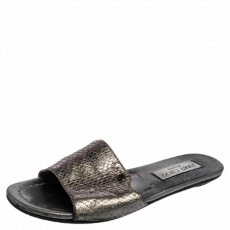 Women's Jimmy Choo Grey Snakeskin Leather Nanda Flat Slide Sandals Size 36