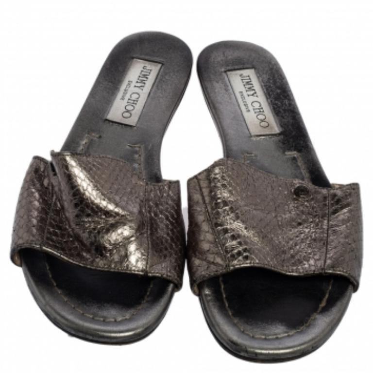 Jimmy Choo Grey Snakeskin Leather Nanda Flat Slide Sandals Size 36 1