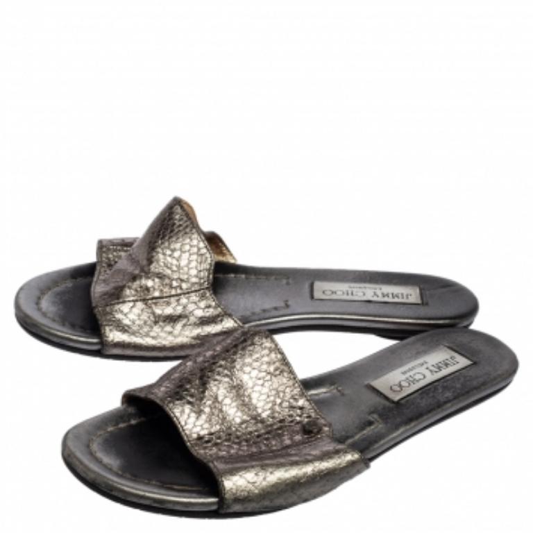 Jimmy Choo Grey Snakeskin Leather Nanda Flat Slide Sandals Size 36 2