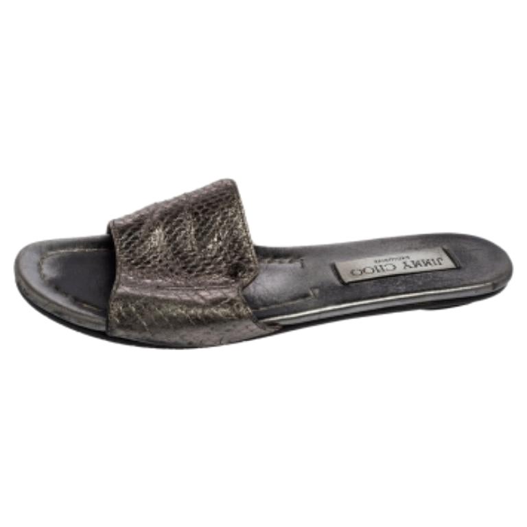 Jimmy Choo Grey Snakeskin Leather Nanda Flat Slide Sandals Size 36