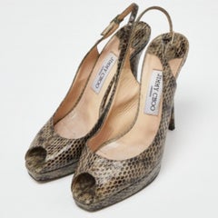 Jimmy Choo Grey Snakeskin Leather Peep Toe Pumps Size 38.5