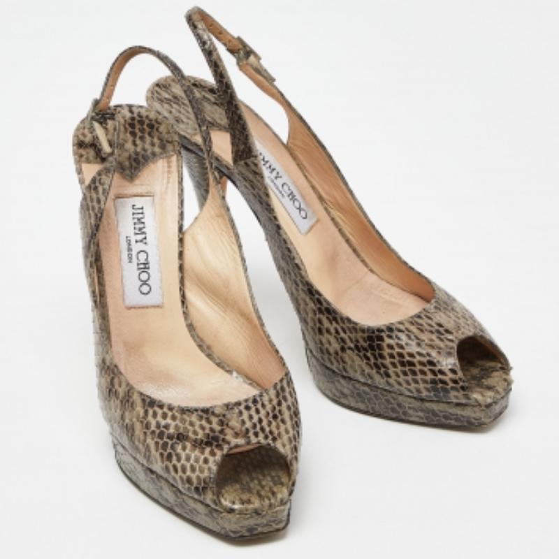Jimmy Choo Grau Schlangenhaut Leder Peep Toe Pumps Größe 38.5 im Angebot 1