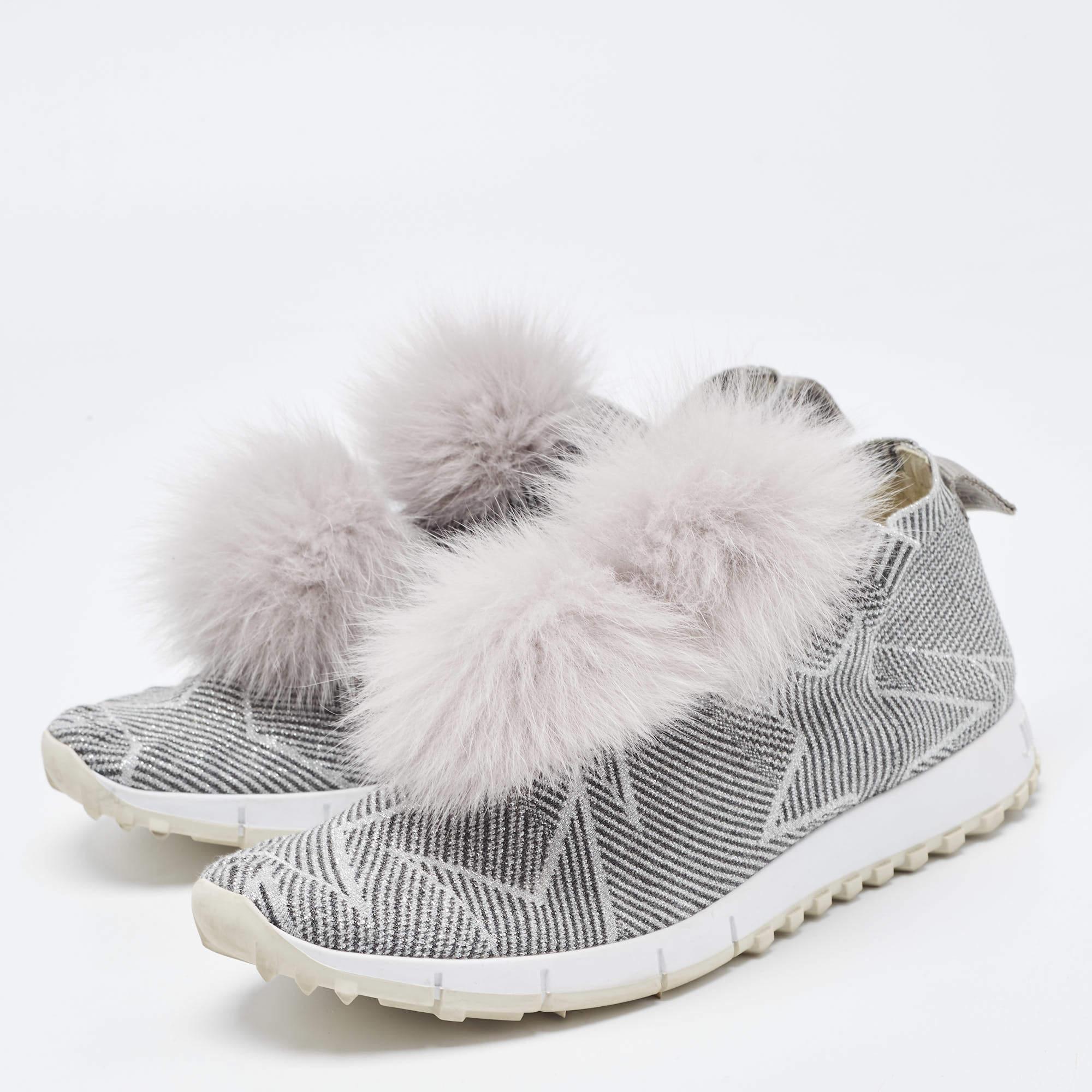 Women's Jimmy Choo Grey Stretch Fabric Fur Embellished High Top Sneakers Size 41 For Sale