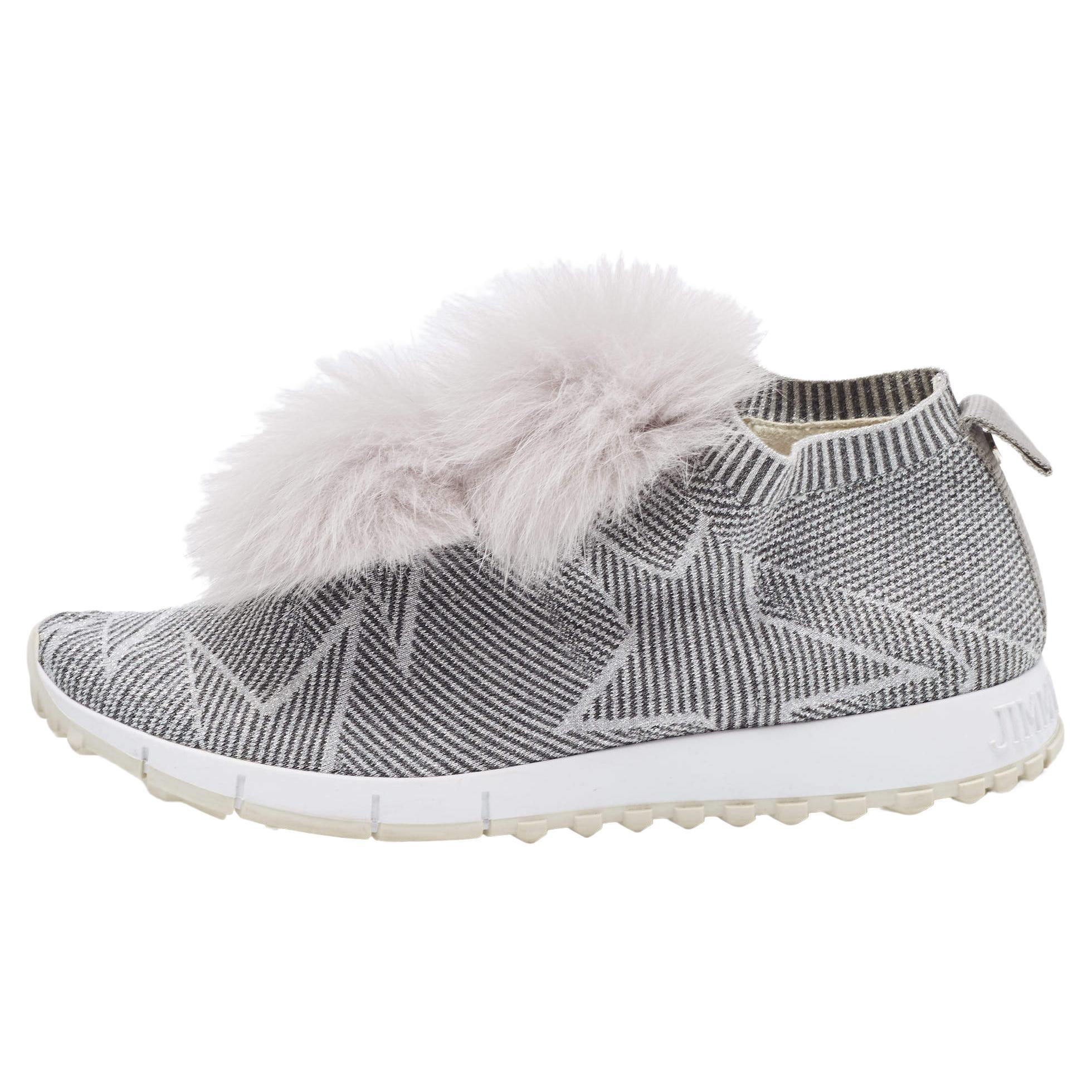 Jimmy Choo Grey Stretch Fabric Fur Embellished High Top Sneakers Size 41 For Sale