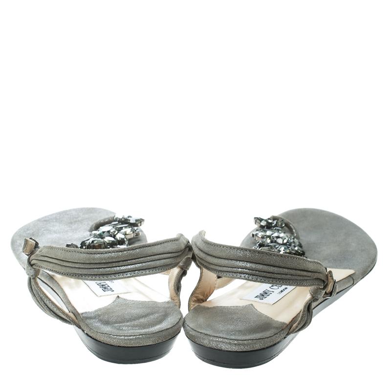 Women's Jimmy Choo Grey Suede Crystal Embellished Flat Thong Sandals Size 39.5