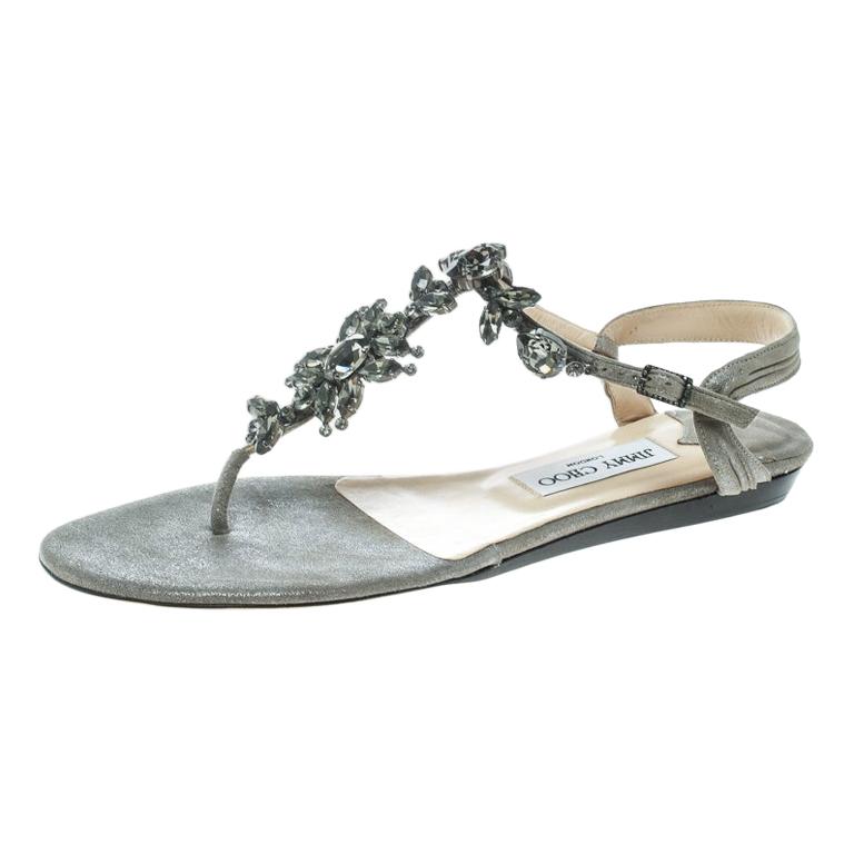 Jimmy Choo Grey Suede Crystal Embellished Flat Thong Sandals Size 39.5