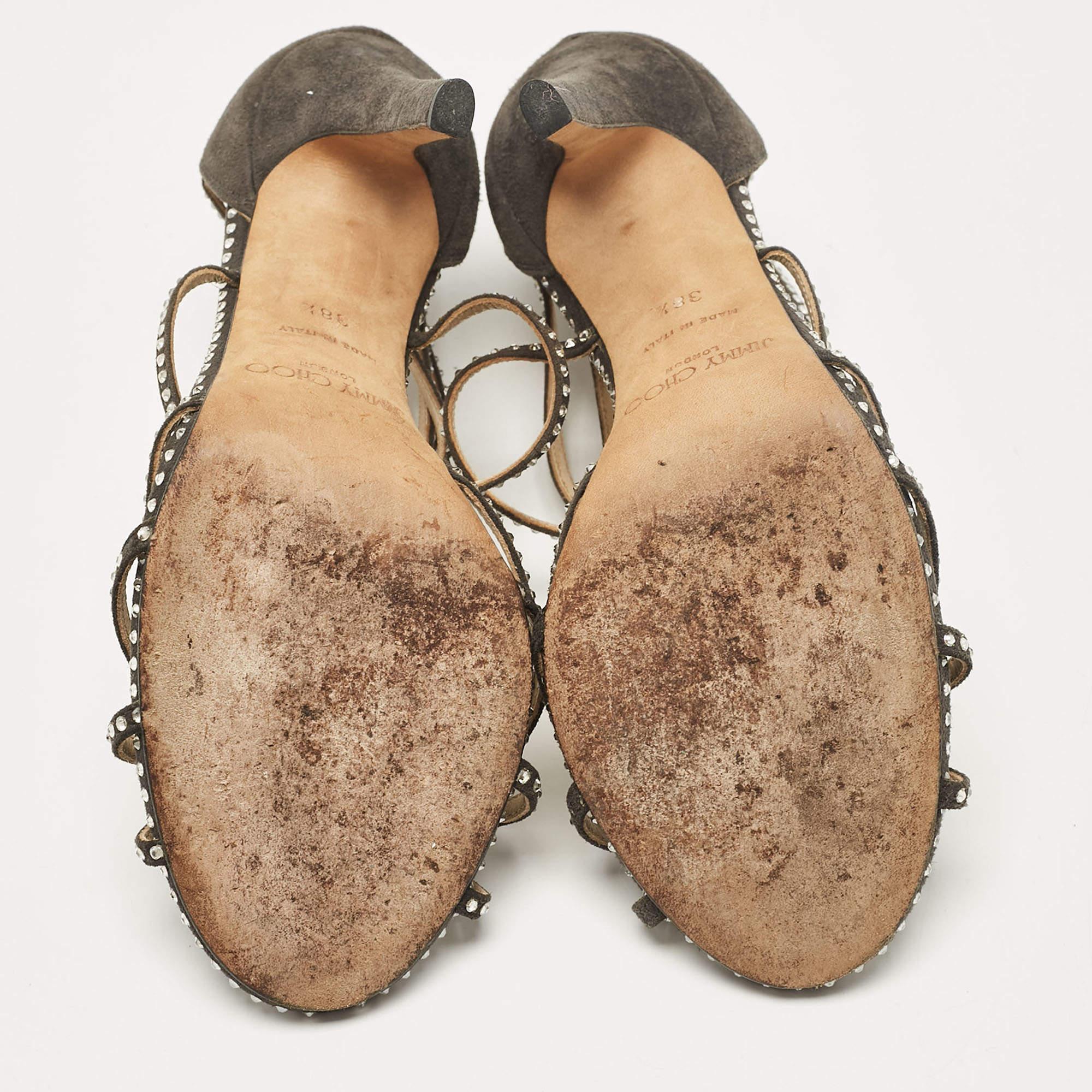Jimmy Choo - Sandales à lanières en daim gris ornées de cristaux, taille 38,5 en vente 1
