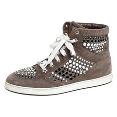 Jimmy Choo Grey Suede Crystal Studded Tokyo High-Top Sneakers Size 38