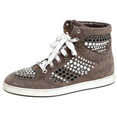 Jimmy Choo Grey Suede Crystal Studded Tokyo High-Top Sneakers Size 38
