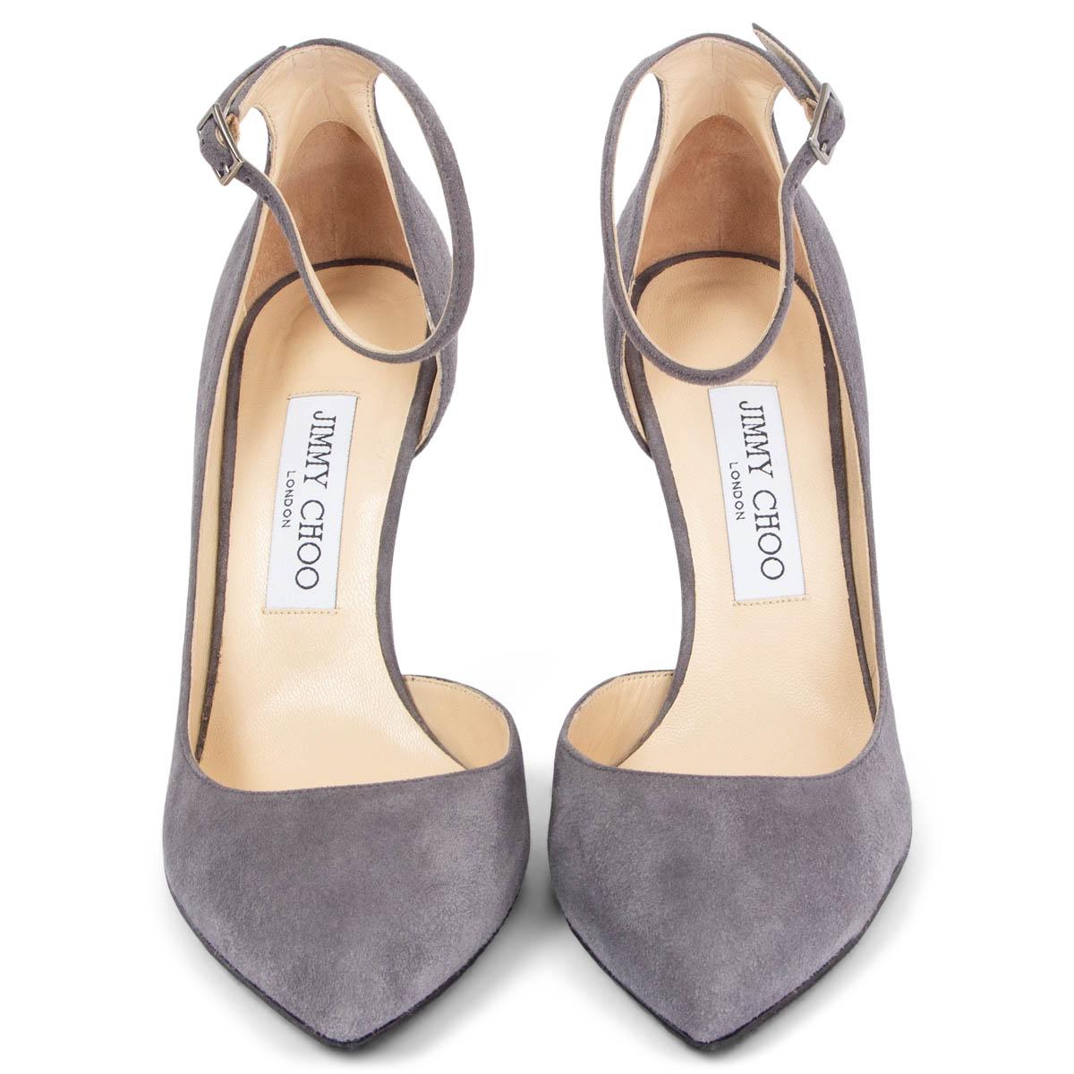 100% authentic Jimmy Choo Lucy pointed-toe ankle-strap pumps in grey suede. Have been worn once inside and are in virtually new condition. Black rubber sole has been added. 

Measurements
Imprinted Size	37.5
Shoe Size	37.5
Inside Sole	24.5cm