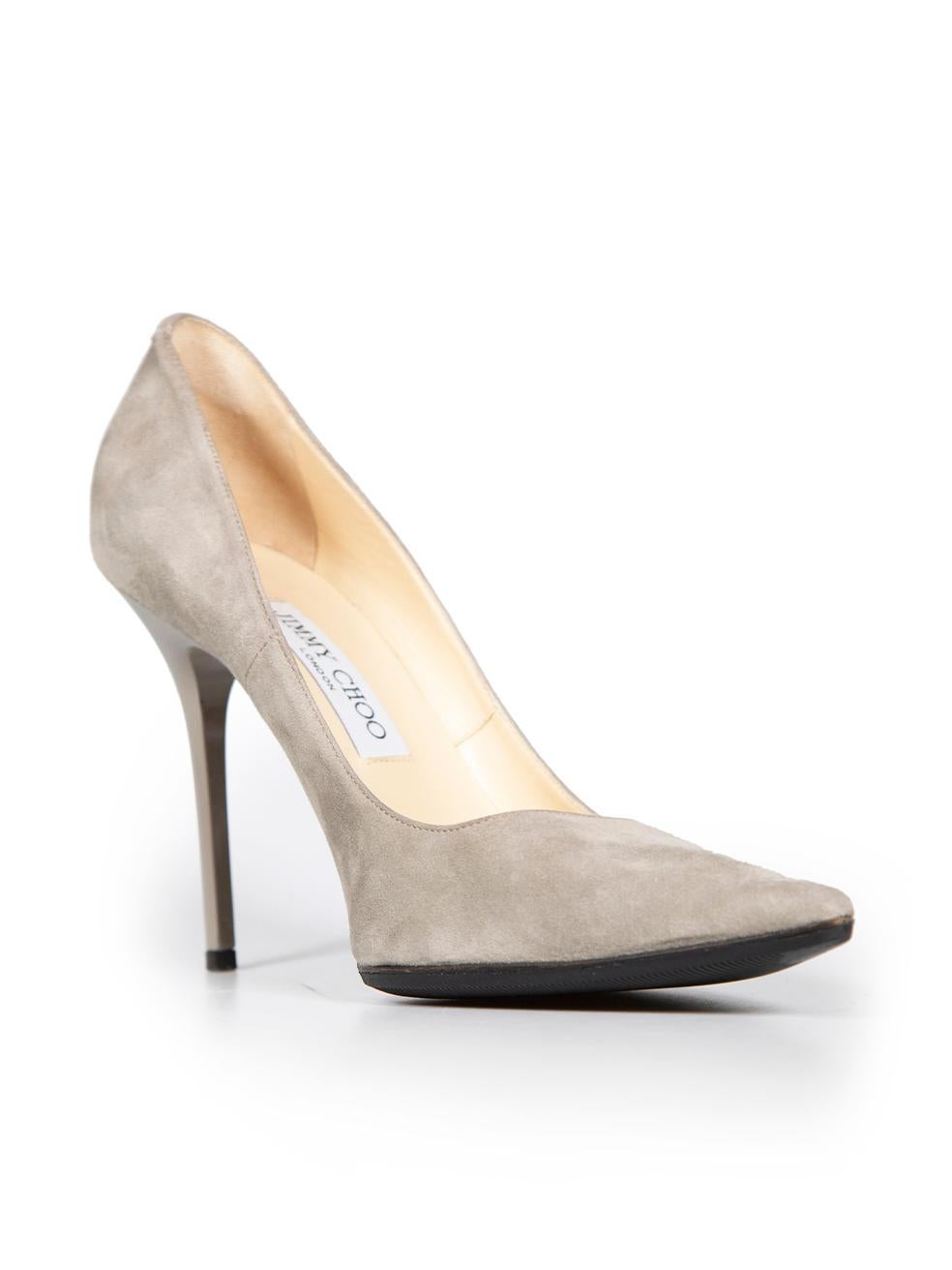 CONDITION is Good. Minor wear to pumps is evident. Light abrasions and scratches to the heels on this used Jimmy Choo designer resale item. Please note these have been resoled
 
 
 
 Details
 
 
 Grey
 
 Suede
 
 Pumps
 
 Point toe
 
 High heeled
 
