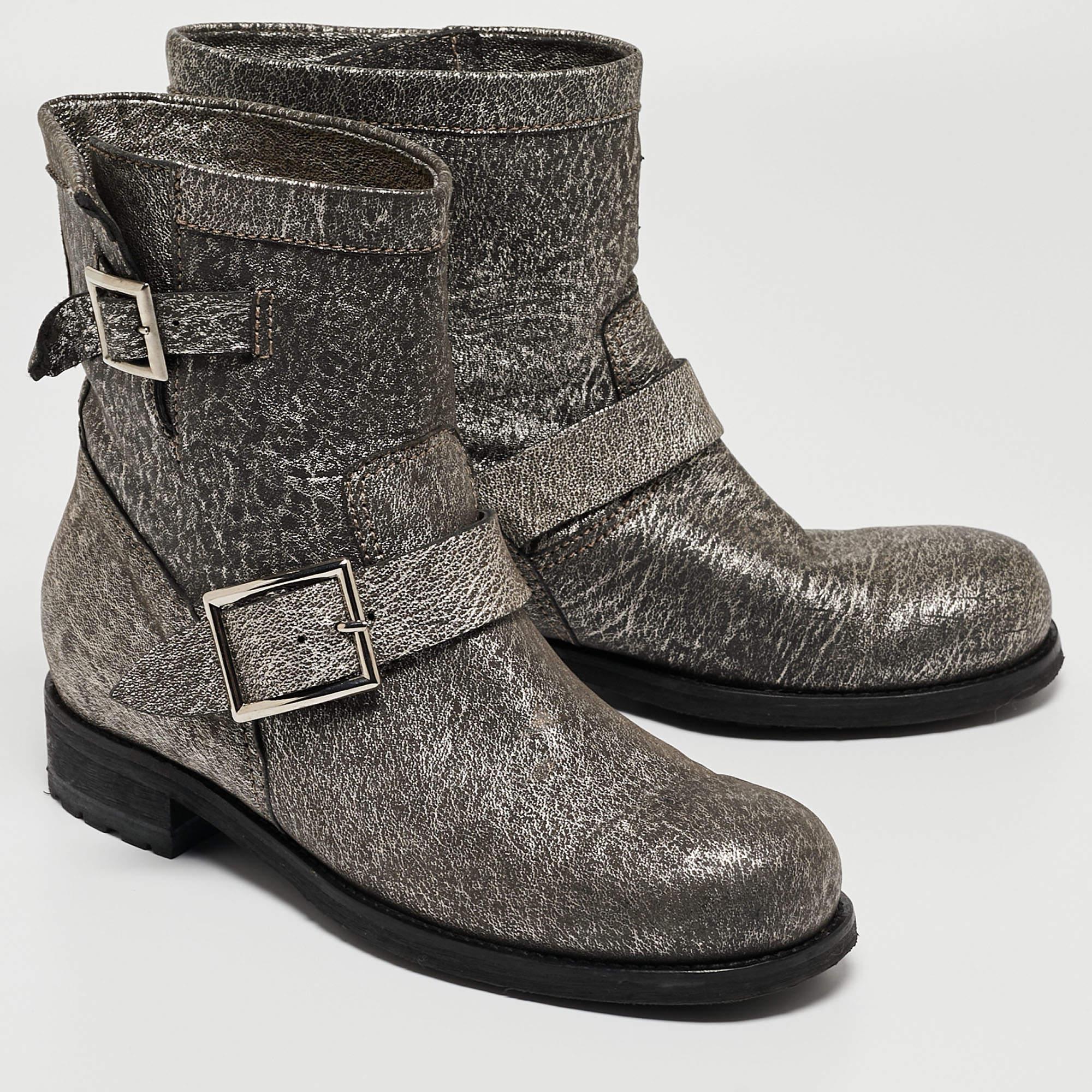 Women's Jimmy Choo Grey Textured Leather Buckle Detail Ankle Boots Size 38 For Sale