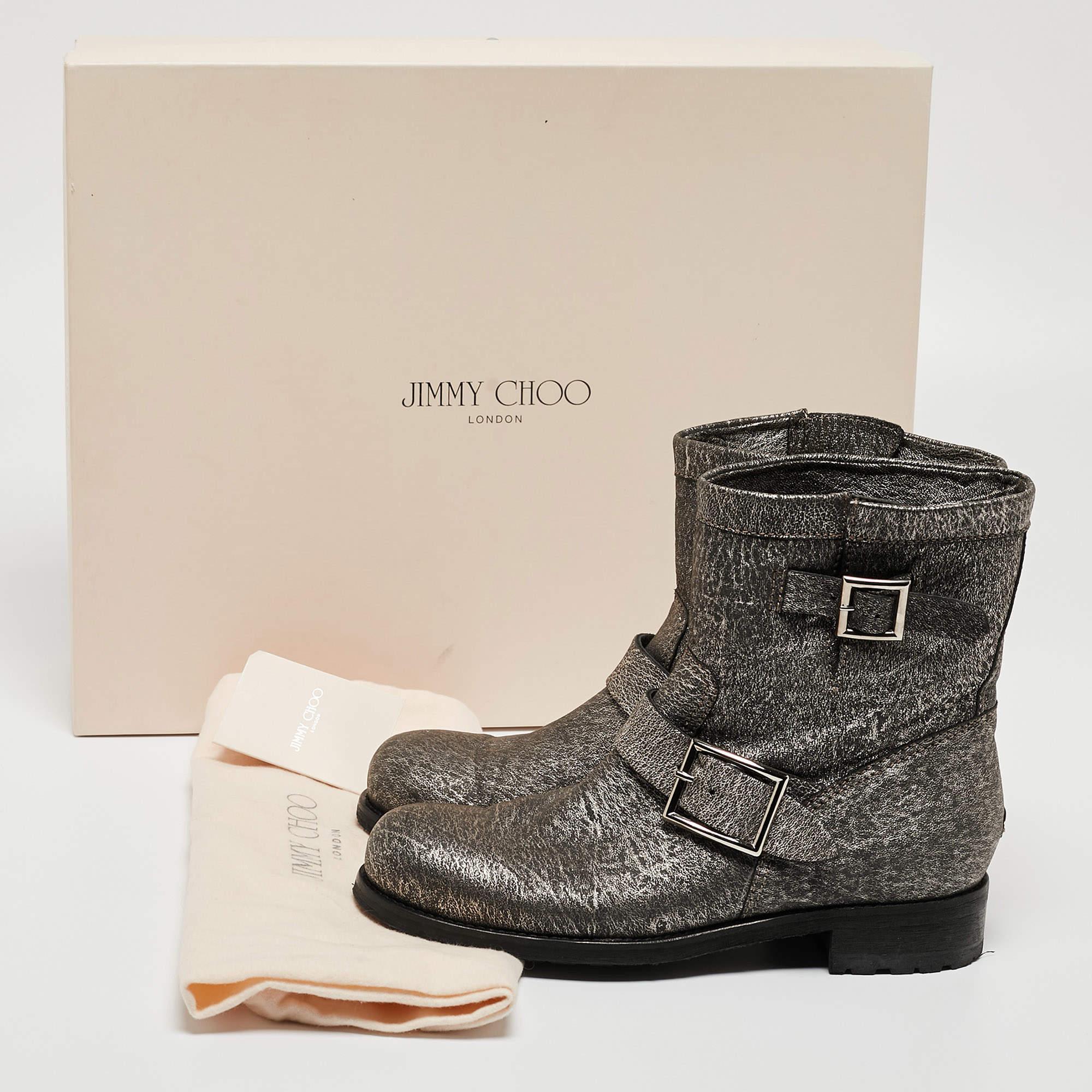 Jimmy Choo Grey Textured Leather Buckle Detail Ankle Boots Size 38 For Sale 5