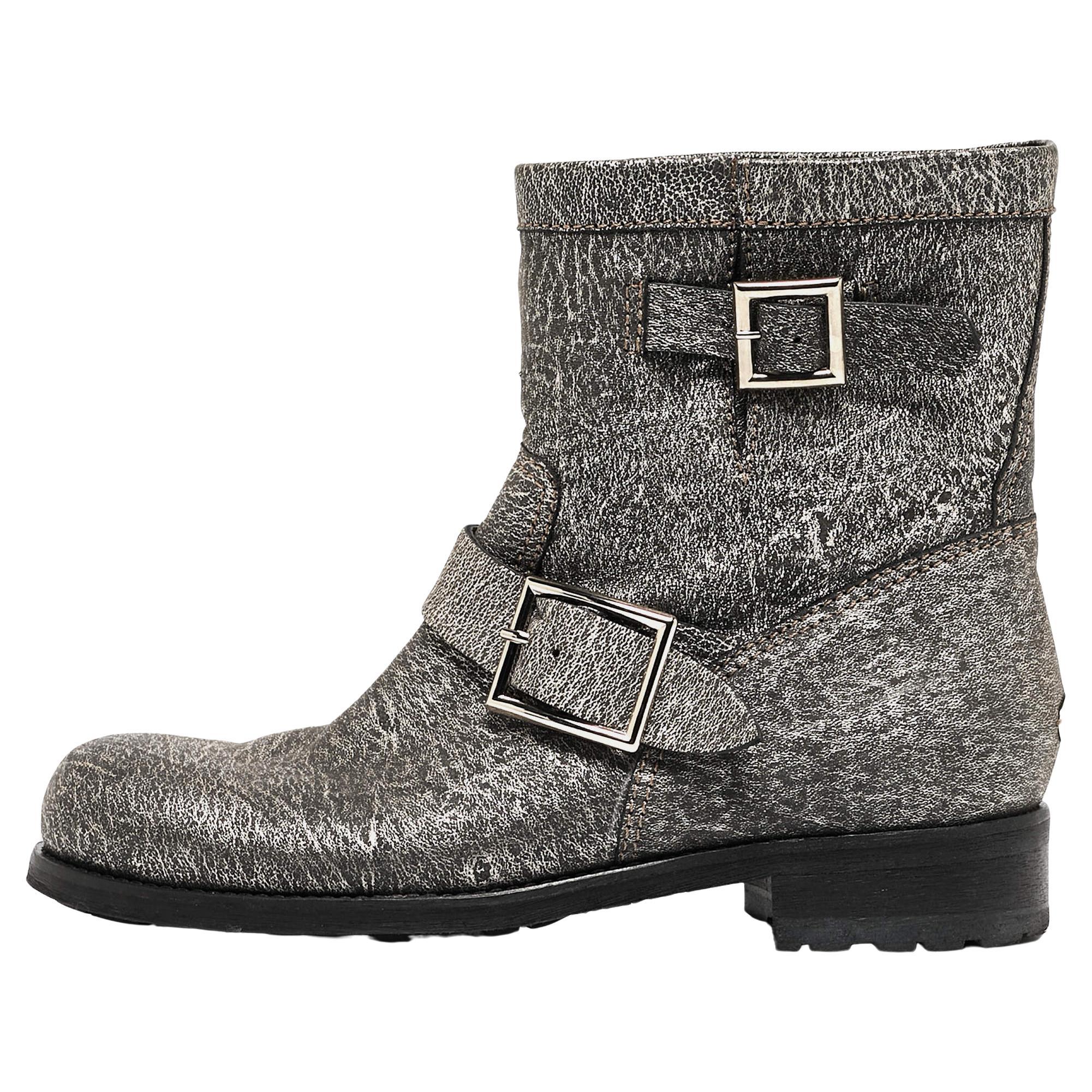 Jimmy Choo Grey Textured Leather Buckle Detail Ankle Boots Size 38 For Sale