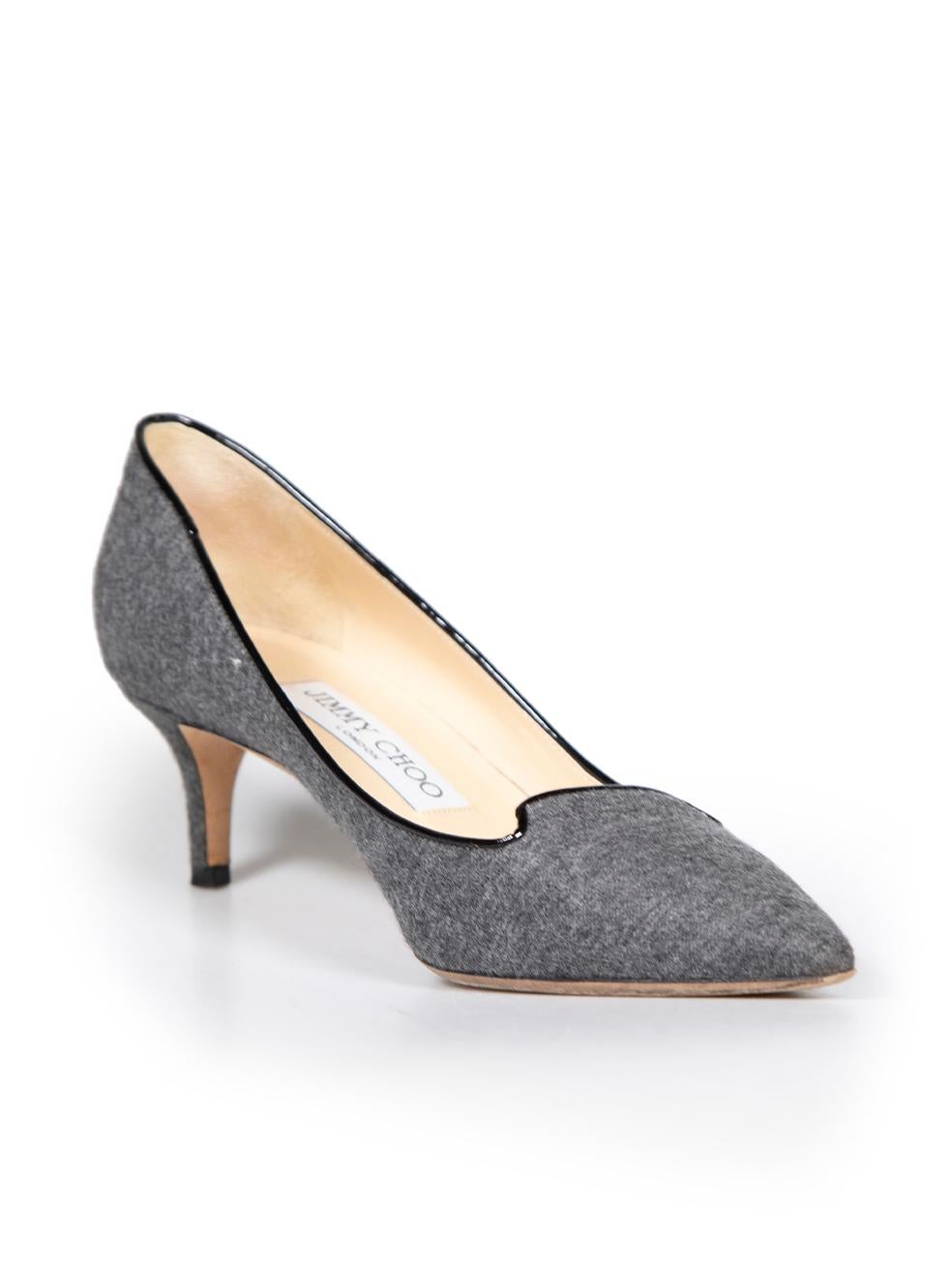 CONDITION is Very good. Minimal wear to pumps is evident. Minimal wear to soles, with a small mark on the right insole on this used Jimmy Choo designer resale item.
 
 
 
 Details
 
 
 Grey
 
 Wool
 
 Slip on pumps
 
 Pointed toe
 
 Kitten heel
 
