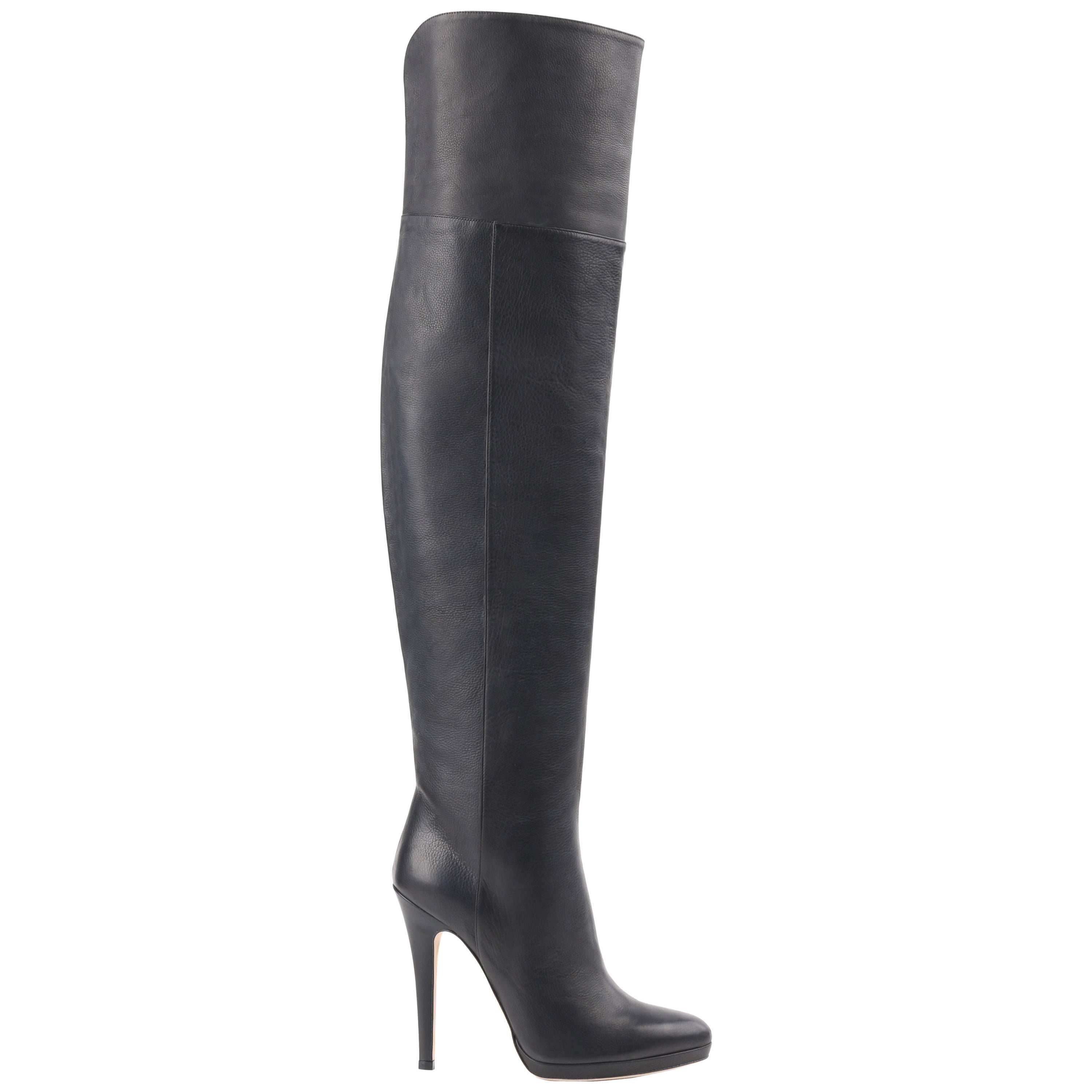 JIMMY CHOO "Gypsy" Black Leather Fitted Over The Knee Heeled Boots
