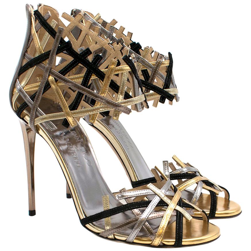 Jimmy Choo Hanover Vogue 100 Black and Gold Sandals 38 For Sale
