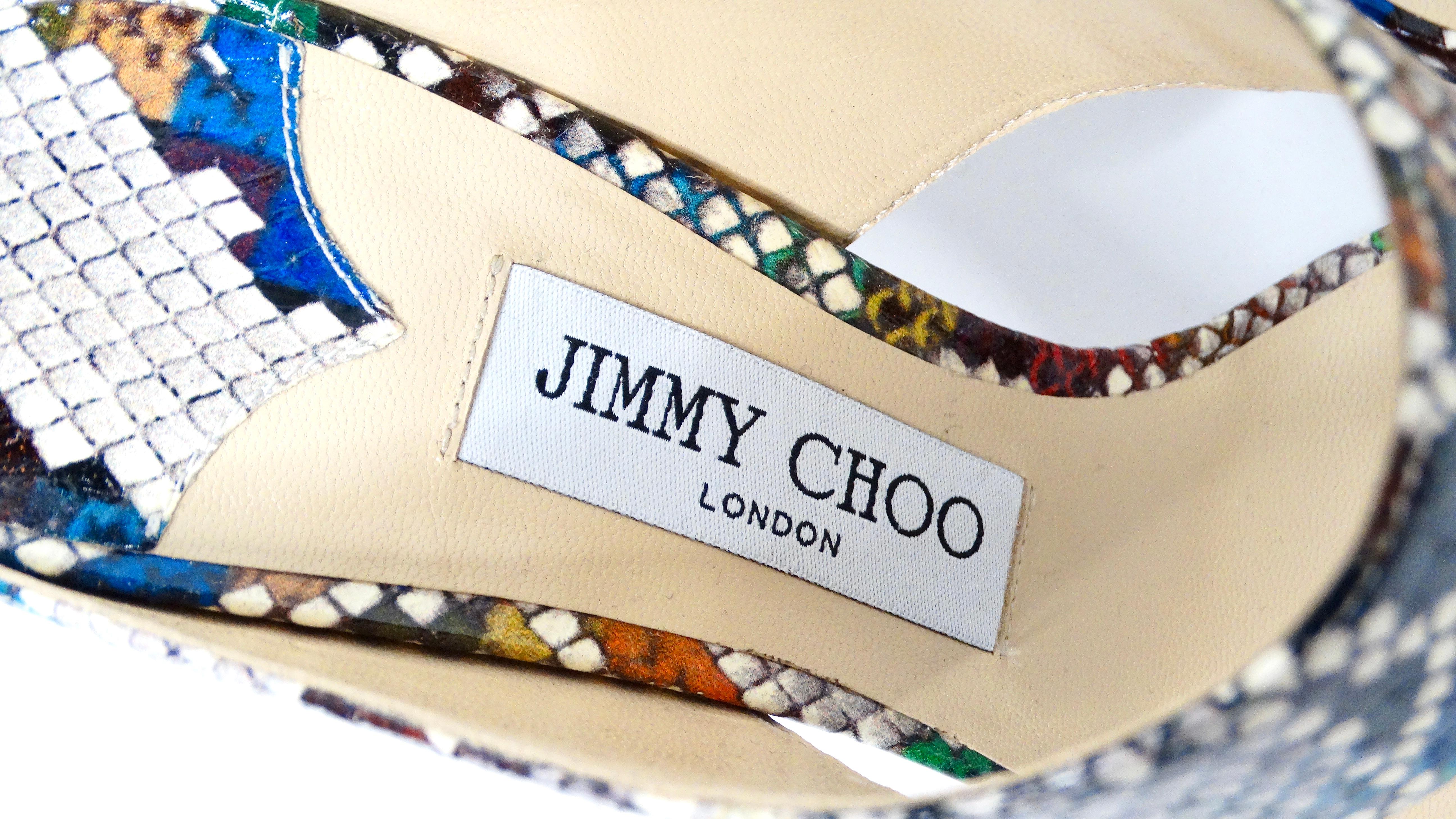 Jimmy Choo - Hira - Sandales à talons coulissants en cuir imprimé serpent multicolore Pour femmes en vente