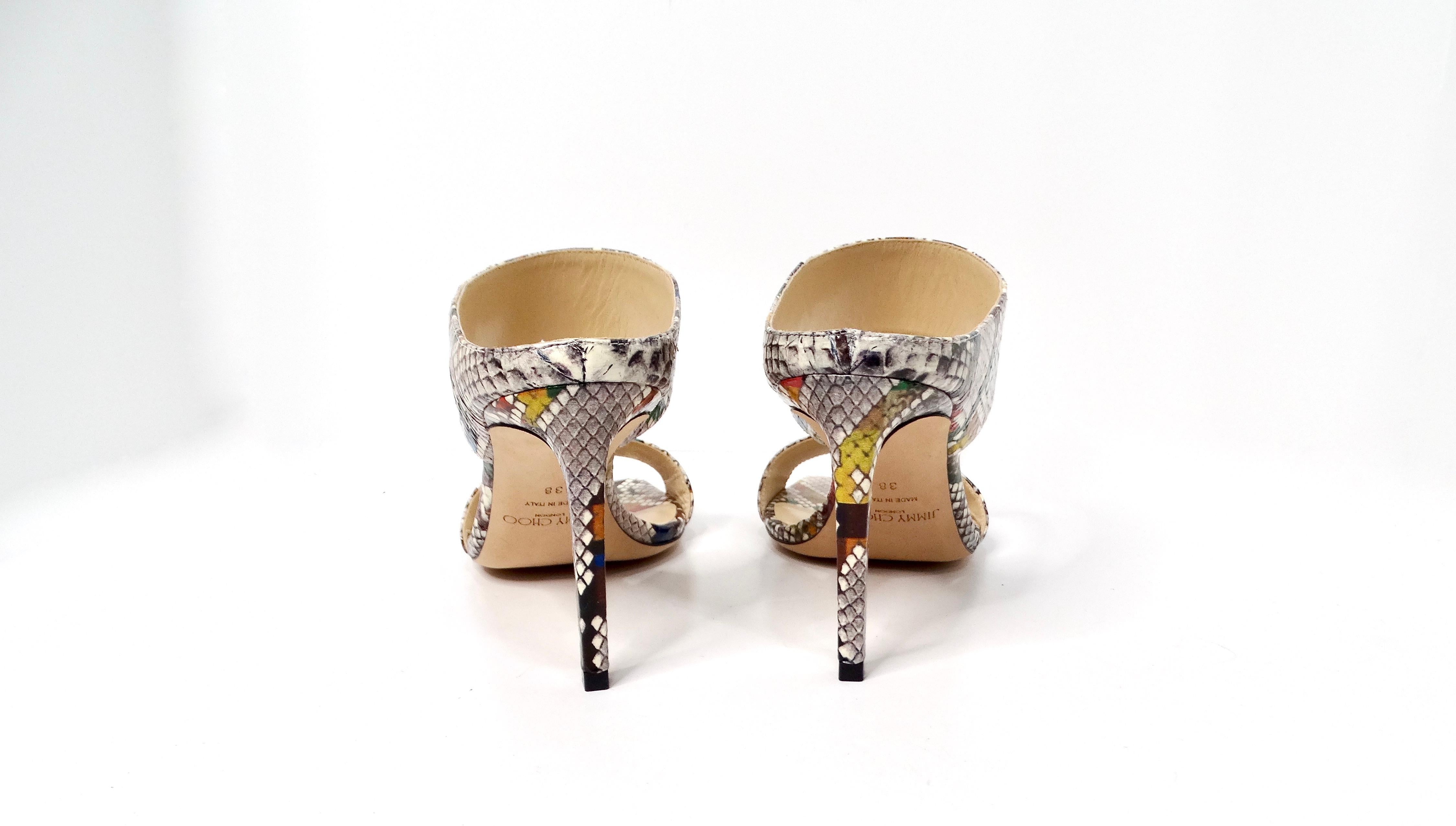 Jimmy Choo - Hira - Sandales à talons coulissants en cuir imprimé serpent multicolore en vente 1