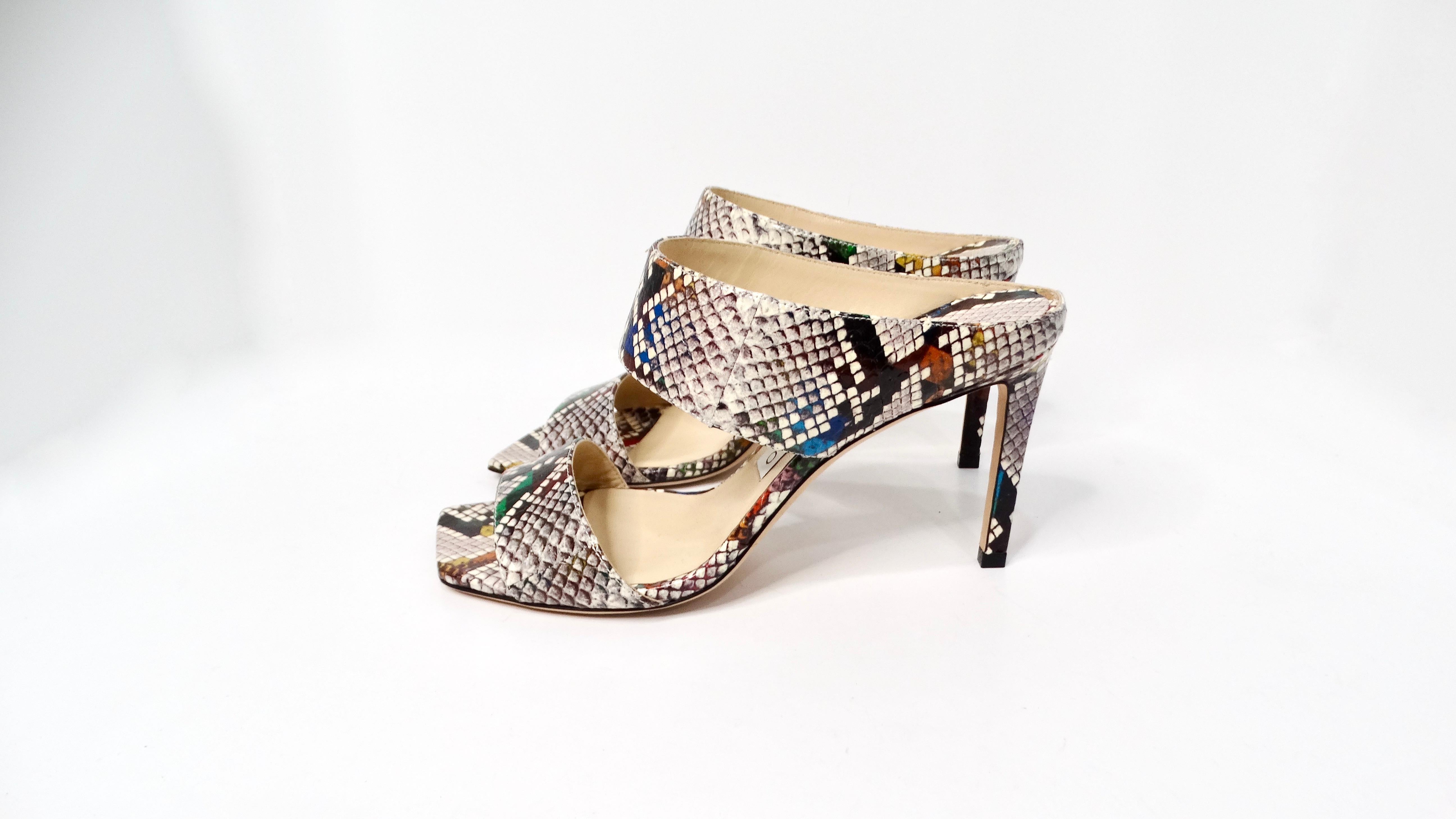 Jimmy Choo - Hira - Sandales à talons coulissants en cuir imprimé serpent multicolore en vente 2