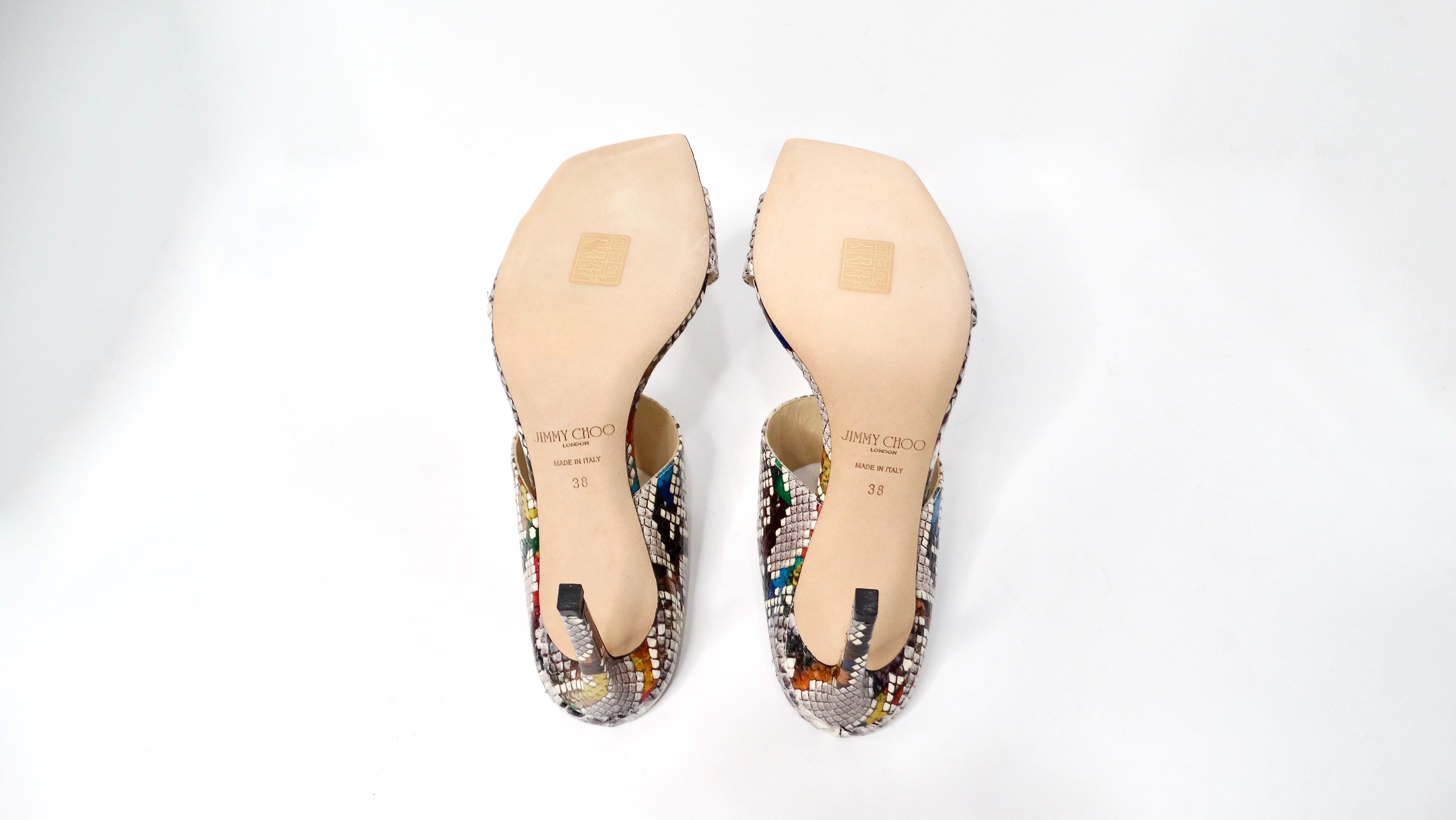 Jimmy Choo - Hira - Sandales à talons coulissants en cuir imprimé serpent multicolore en vente 3