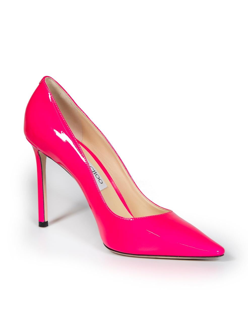CONDITION is Verygood. Hardly any visible wear to shoes is evident on this used Jimmy Choo designer resale item.
 
 
 
 Details
 
 
 Hot pink
 
 Patent leather
 
 Pumps
 
 Point toe
 
 Slip on
 
 High heeled
 
 
 
 
 
 Made in Italy
 
 
 
