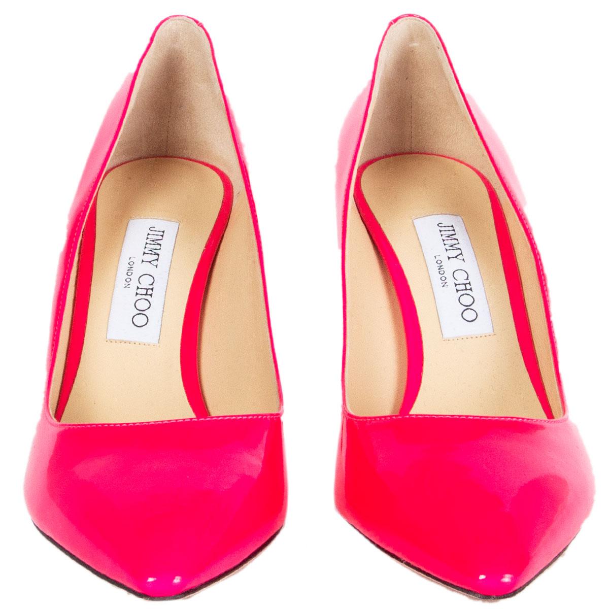 100% authentic Jimmy Choo Romy 85 pointed toe pumps in pink patent leather. Brand new. 

Imprinted Size	39.5
Shoe Size	39.5
Inside Sole	26.5cm (10.3in)
Width	7.5cm (2.9in)
Heel	8.5cm (3.3in)

All our listings include only the listed item unless