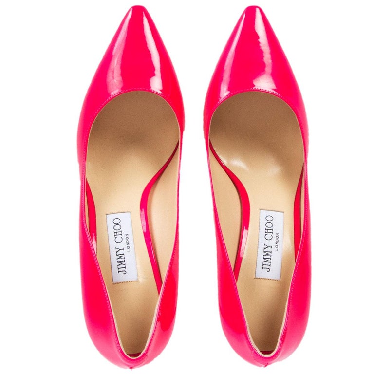 JIMMY CHOO hot pink patent leather ROMY 85 POINTED-TOE Pumps Shoes 39.5 ...