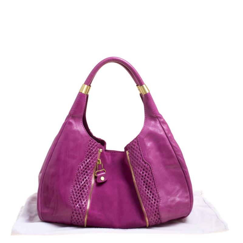 Jimmy Choo Hot Pink Perforated Leather and Suede Mandah Hobo 7