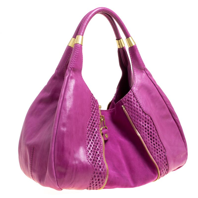 Jimmy Choo Hot Pink Perforated Leather and Suede Mandah Hobo Damen