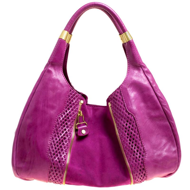 Jimmy Choo Hot Pink Perforated Leather and Suede Mandah Hobo