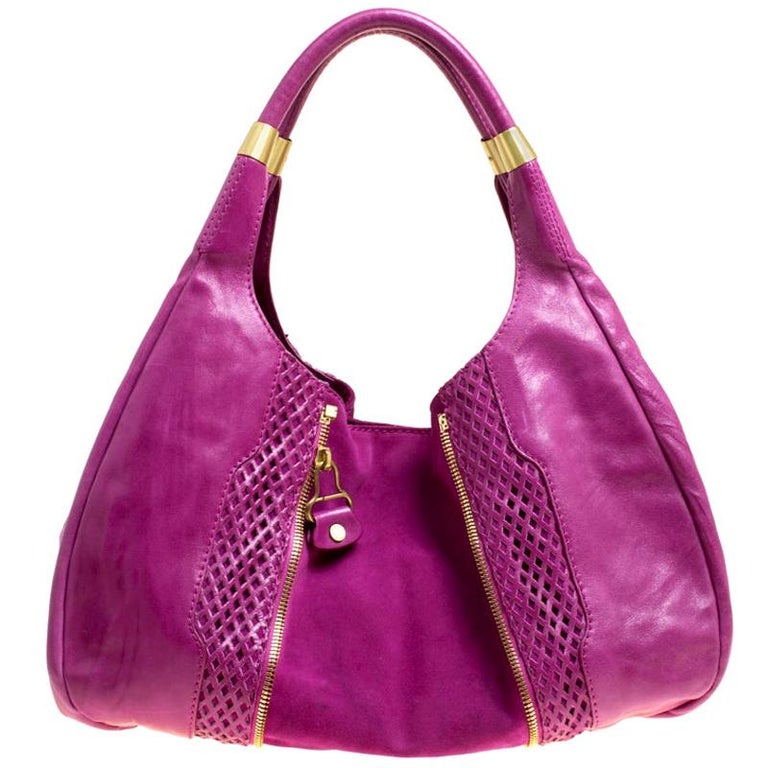 Jimmy Choo Hot Pink Perforated Leather and Suede Mandah Hobo at 1stDibs