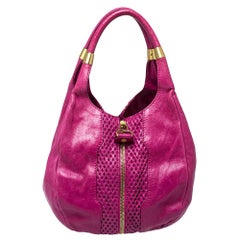 Jimmy Choo Hot Pink Perforated Leather and Suede Mandah Hobo