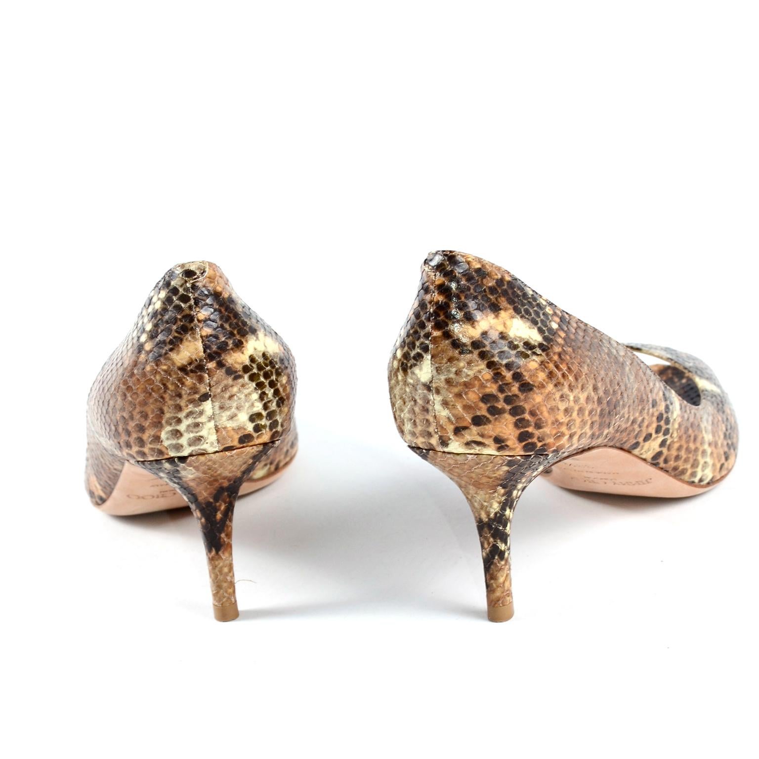 Jimmy Choo Isabel Python Snakeskin Peep Toe Kitten Heel Shoes Size 38.5 In Good Condition In Portland, OR