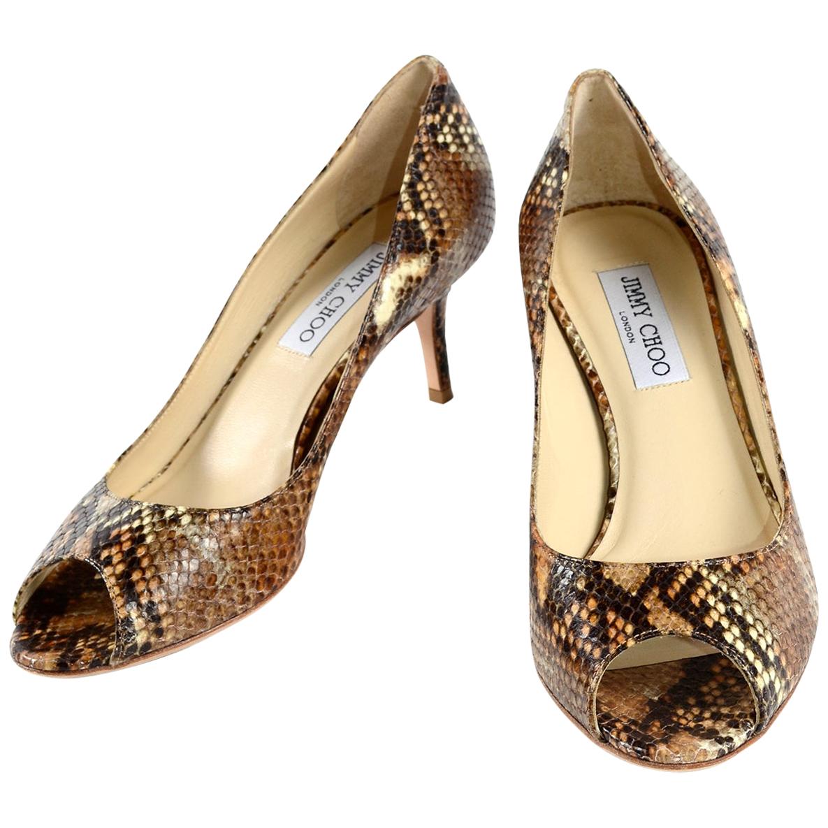 Jimmy Choo Isabel Python Snakeskin Peep Toe Kitten Heel Shoes Size 38.5