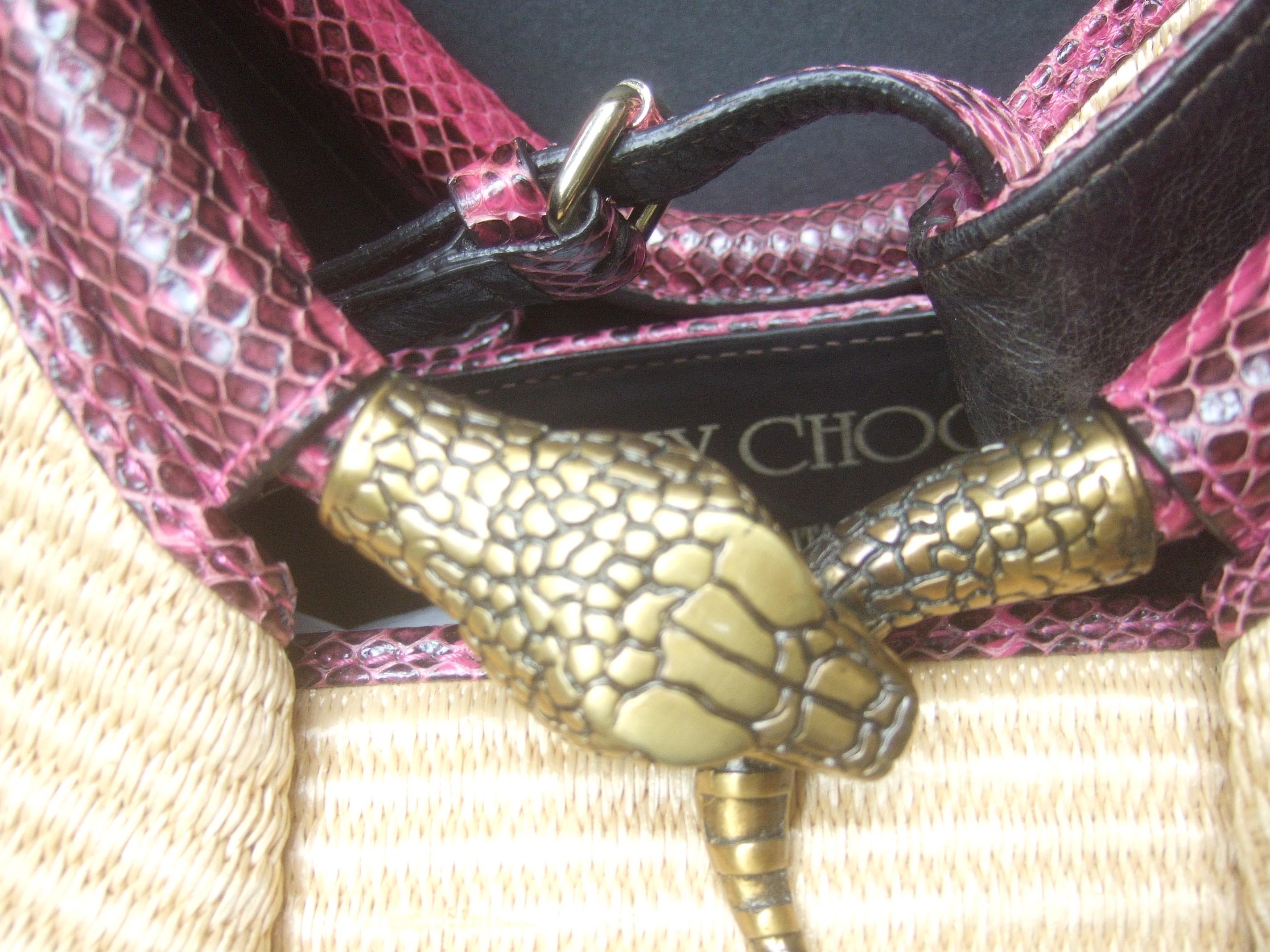 Jimmy Choo Italian Straw Raffia Brass Metal Serpent Medallion Handbag c 1990 3