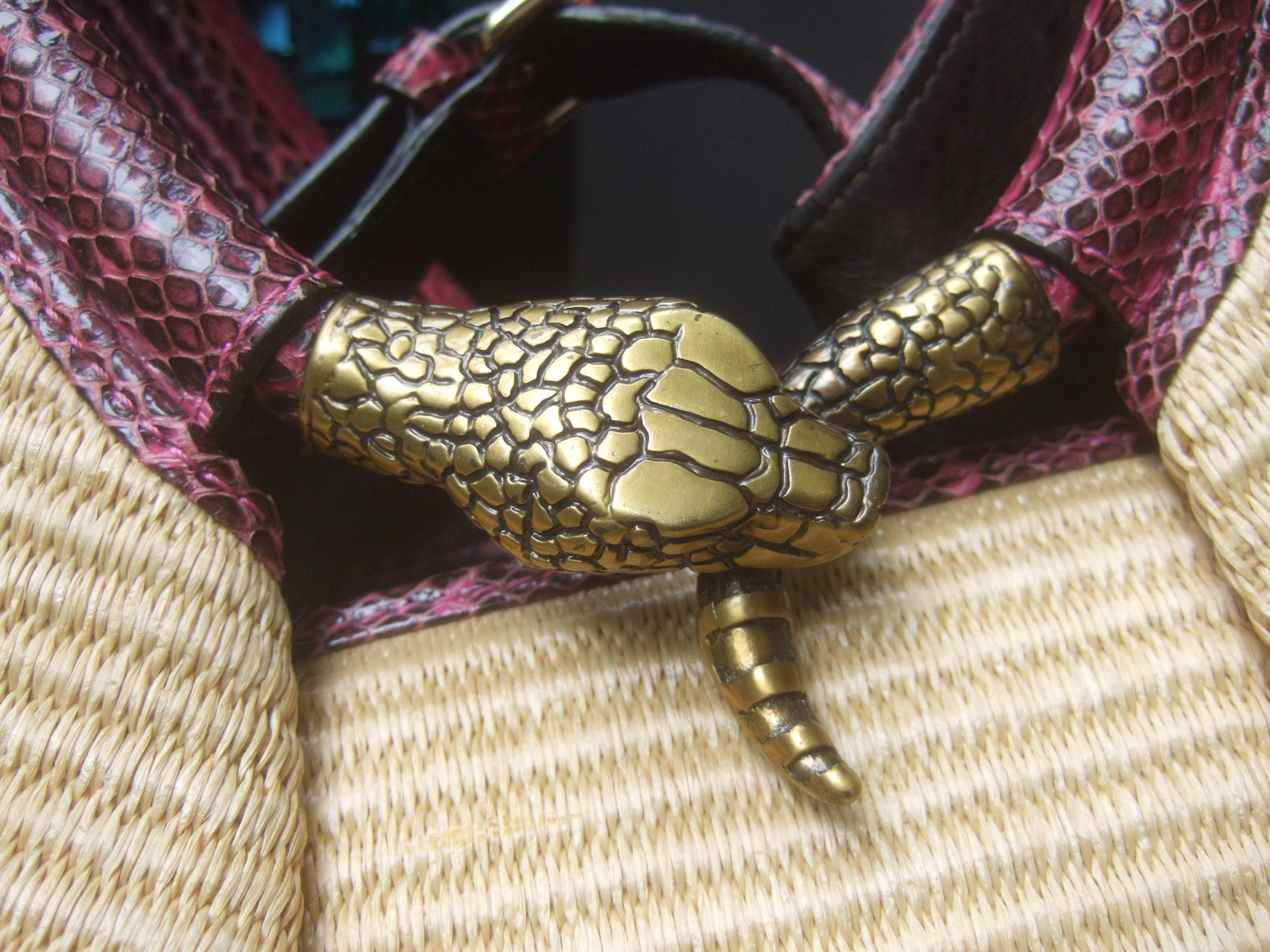 Jimmy Choo Italian Straw Raffia Brass Metal Serpent Medallion Handbag c 1990 8