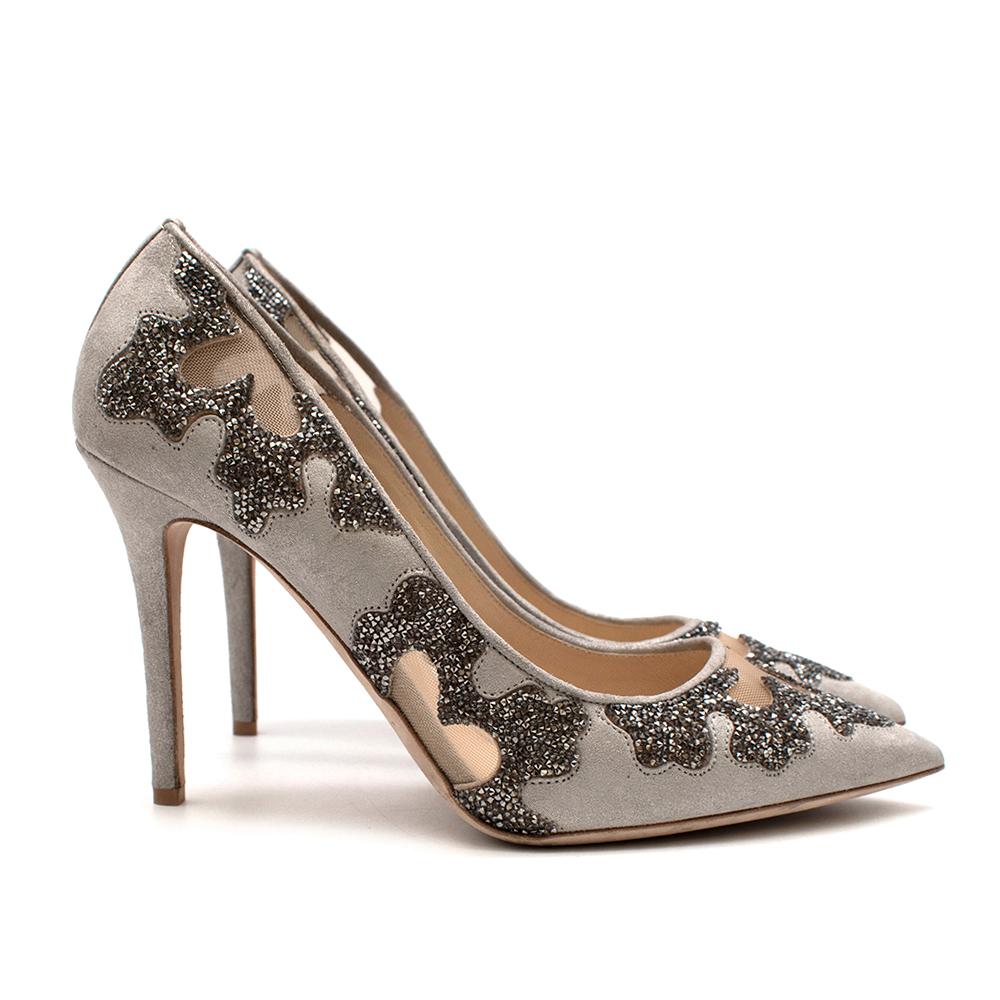 Jimmy Choo Karmel Grey Suede Mesh Cut Out Crystal Pumps 

-Made of soft Silver print suede
-Gorgeous crystal details 
-Mesh cut out motifs 
-Luxurious soft leather lining 
-Stiletto heels 
-Pointy toe 
-Super elegant timeless design